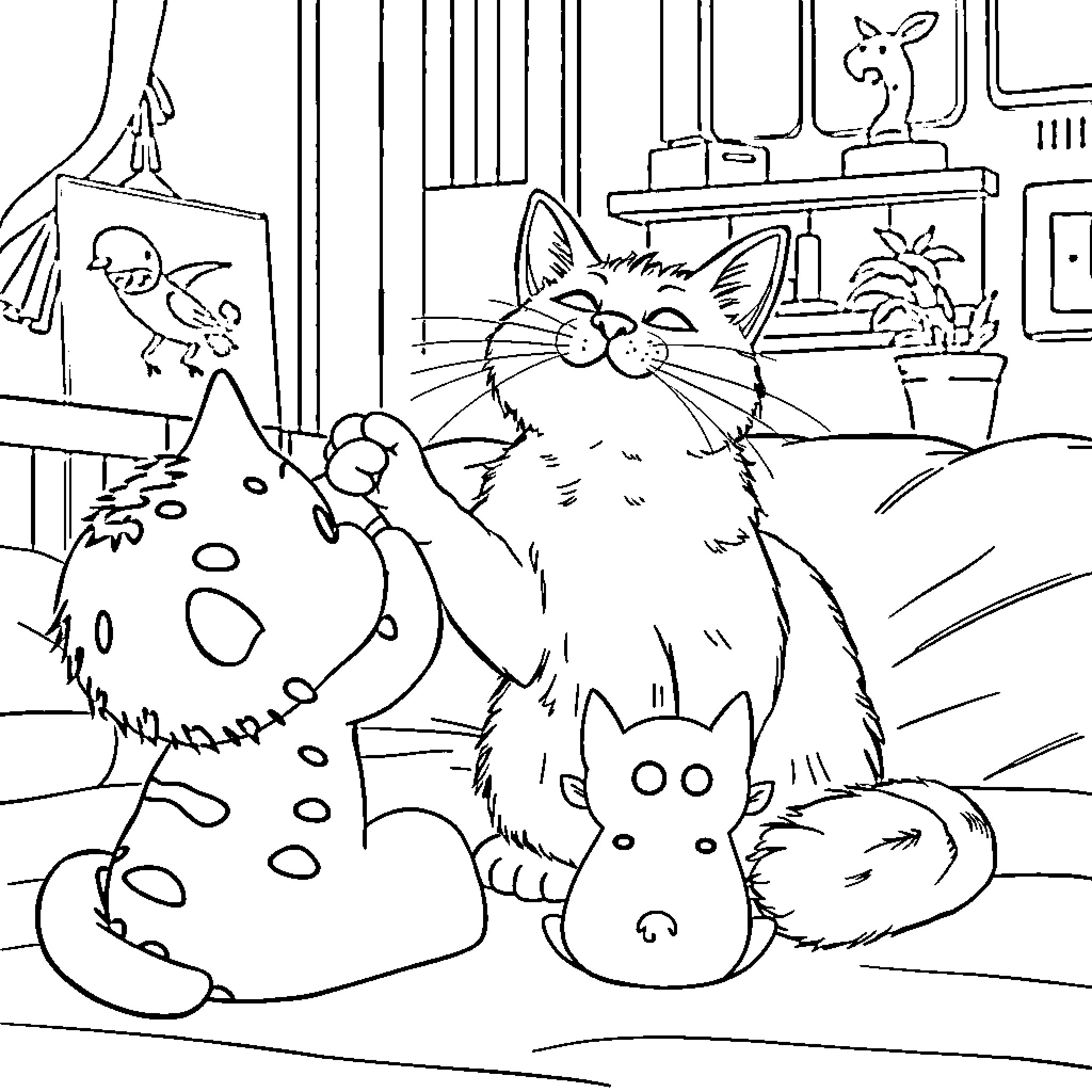 Cat and Toy Figurines in Cozy Room Coloring Page (free black-and-white line drawing printable PDF for all, from beginners to advanced learners, including children, teens, adults, and seniors)