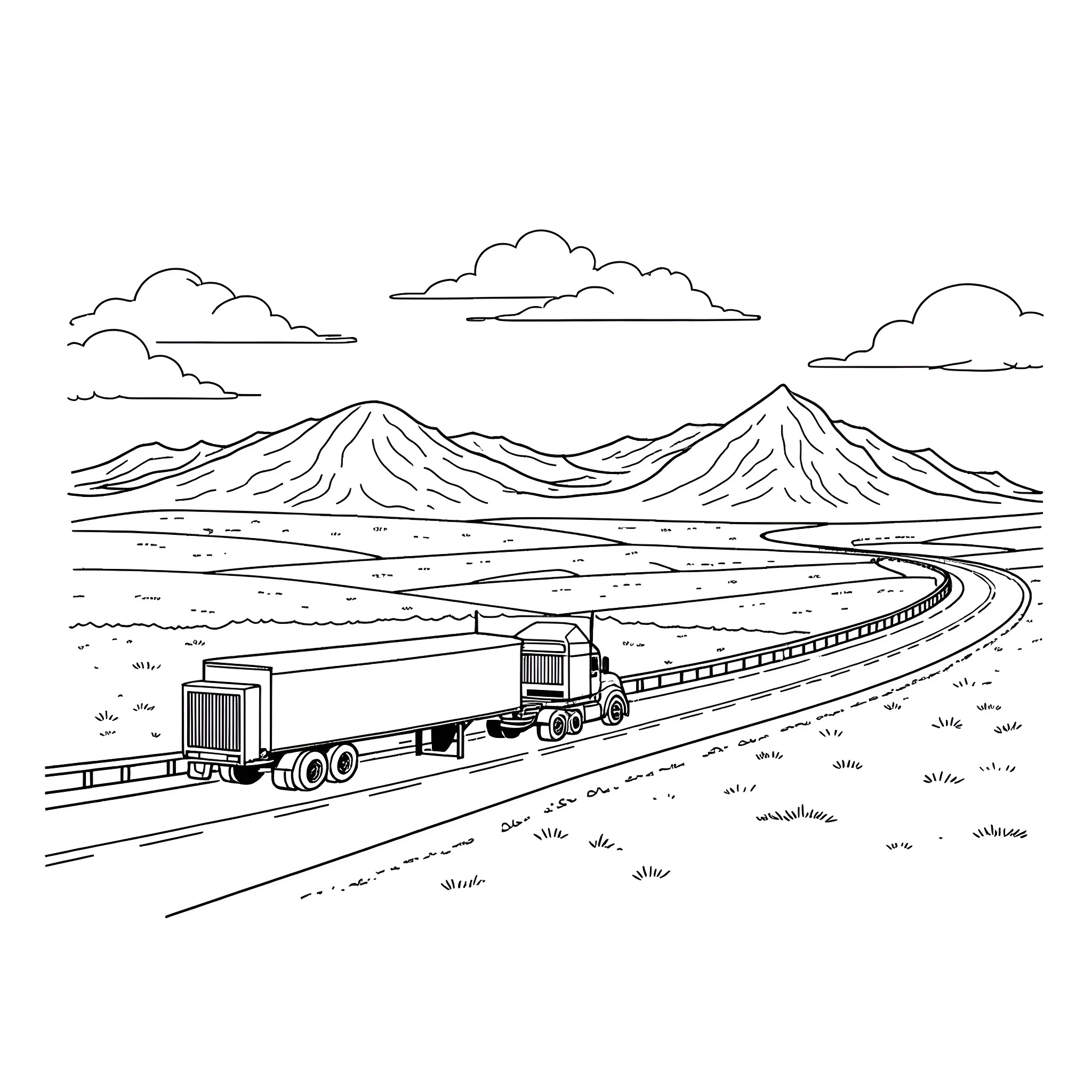 Semi Truck Hauling Cargo on a Mountain Road Coloring Page (free black-and-white line drawing printable PDF for all, from beginners to advanced learners, including children, teens, adults, and seniors)