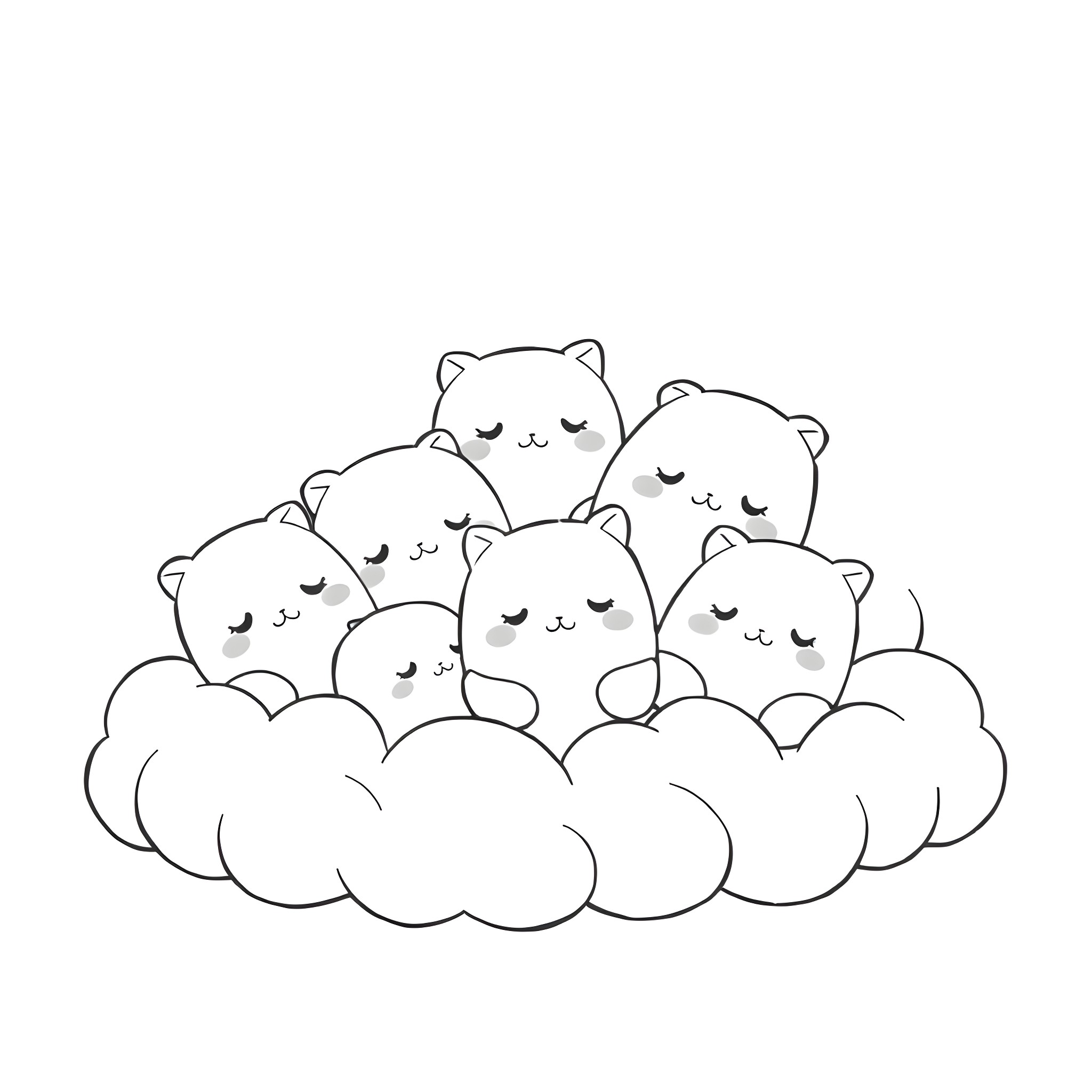 Squishmallow Plush Cats Sleeping on Clouds Coloring Page (free black-and-white line drawing printable PDF for all, from beginners to advanced learners, including children, teens, adults, and seniors)