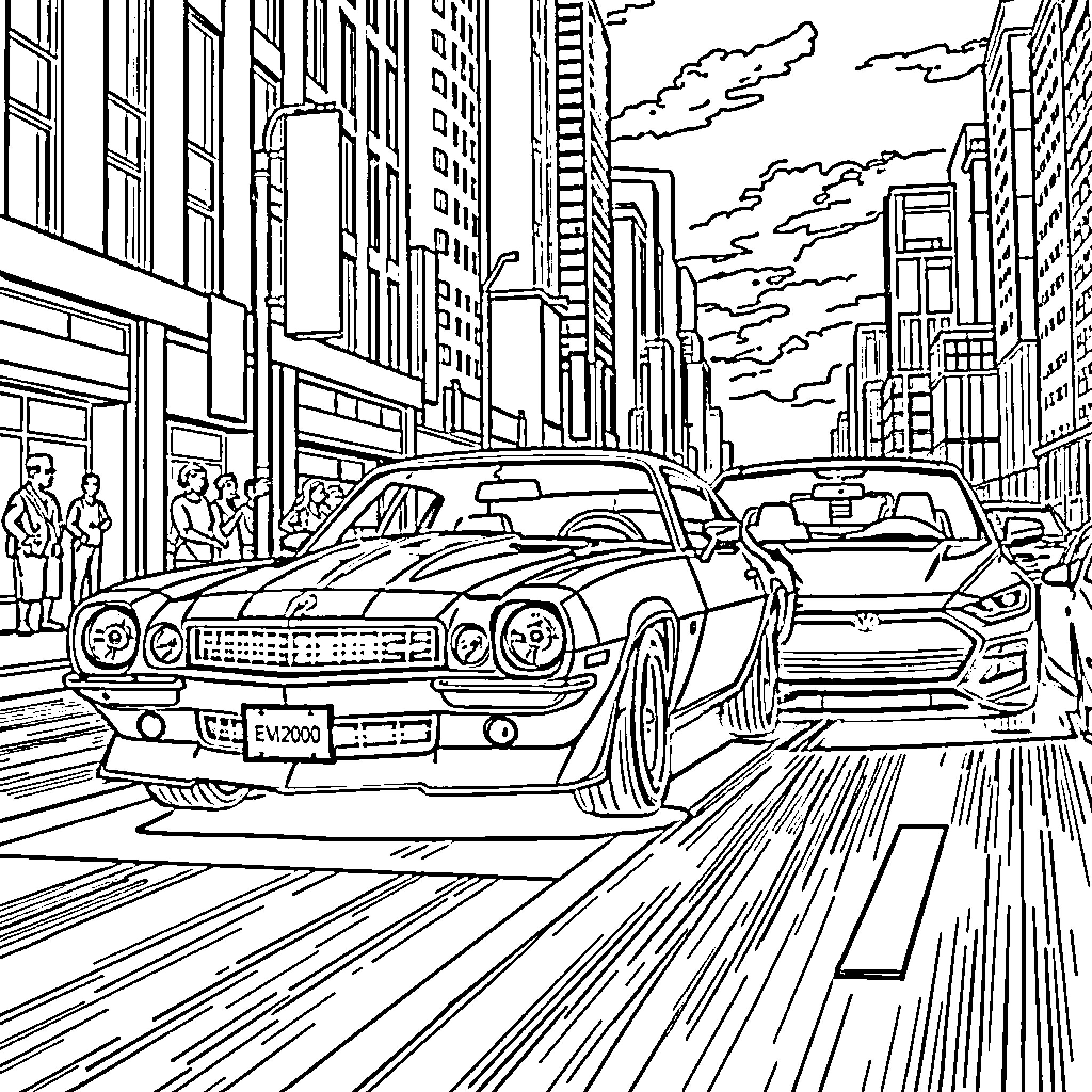 Cars speeding through the busy city streets Coloring Page (free black-and-white line drawing printable PDF for all, from beginners to advanced learners, including children, teens, adults, and seniors)
