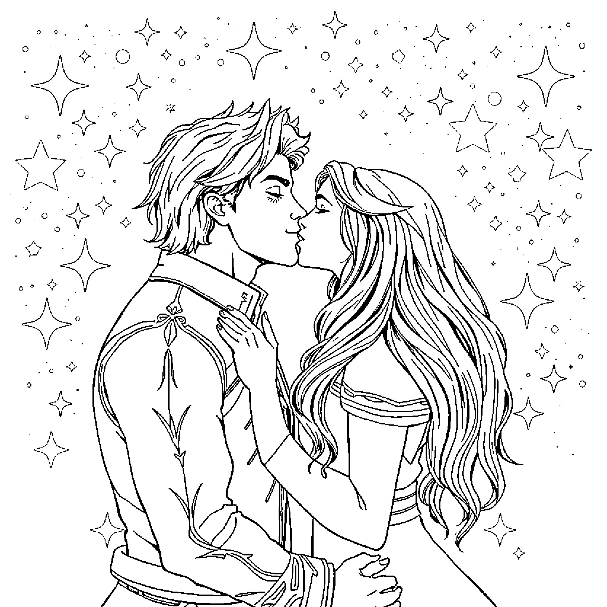 Rhysand and Feyre's Loving Embrace Coloring Page (free black-and-white line drawing printable PDF for all, from beginners to advanced learners, including children, teens, adults, and seniors)
