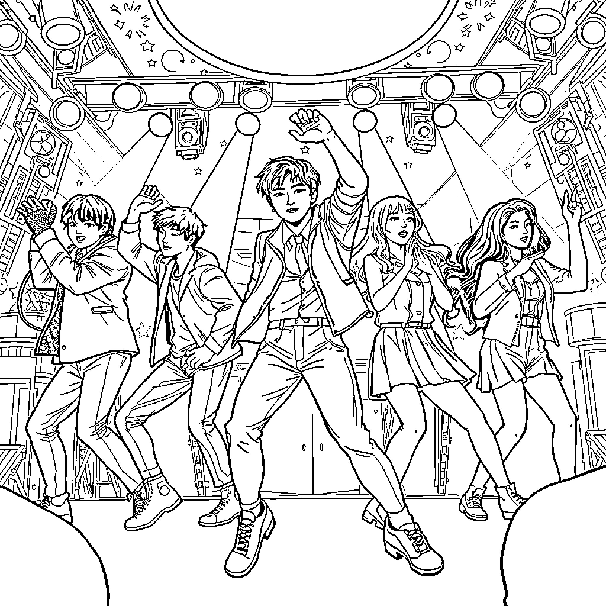 K Pop Group Performing on Stage with Enthusiasm Coloring Page (free black-and-white line drawing printable PDF for all, from beginners to advanced learners, including children, teens, adults, and seniors)