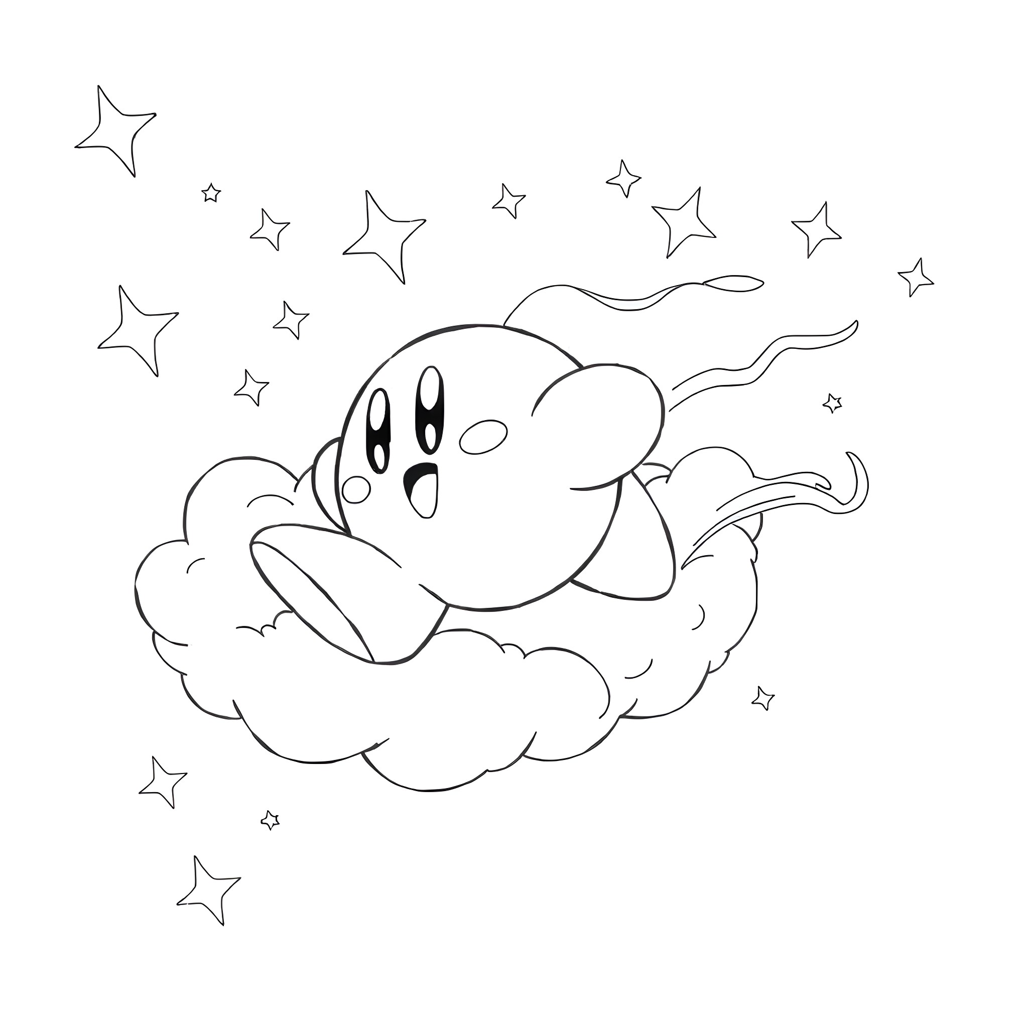 Kirby sleeping peacefully on a cloud Coloring Page (free black-and-white line drawing printable PDF for all, from beginners to advanced learners, including children, teens, adults, and seniors)