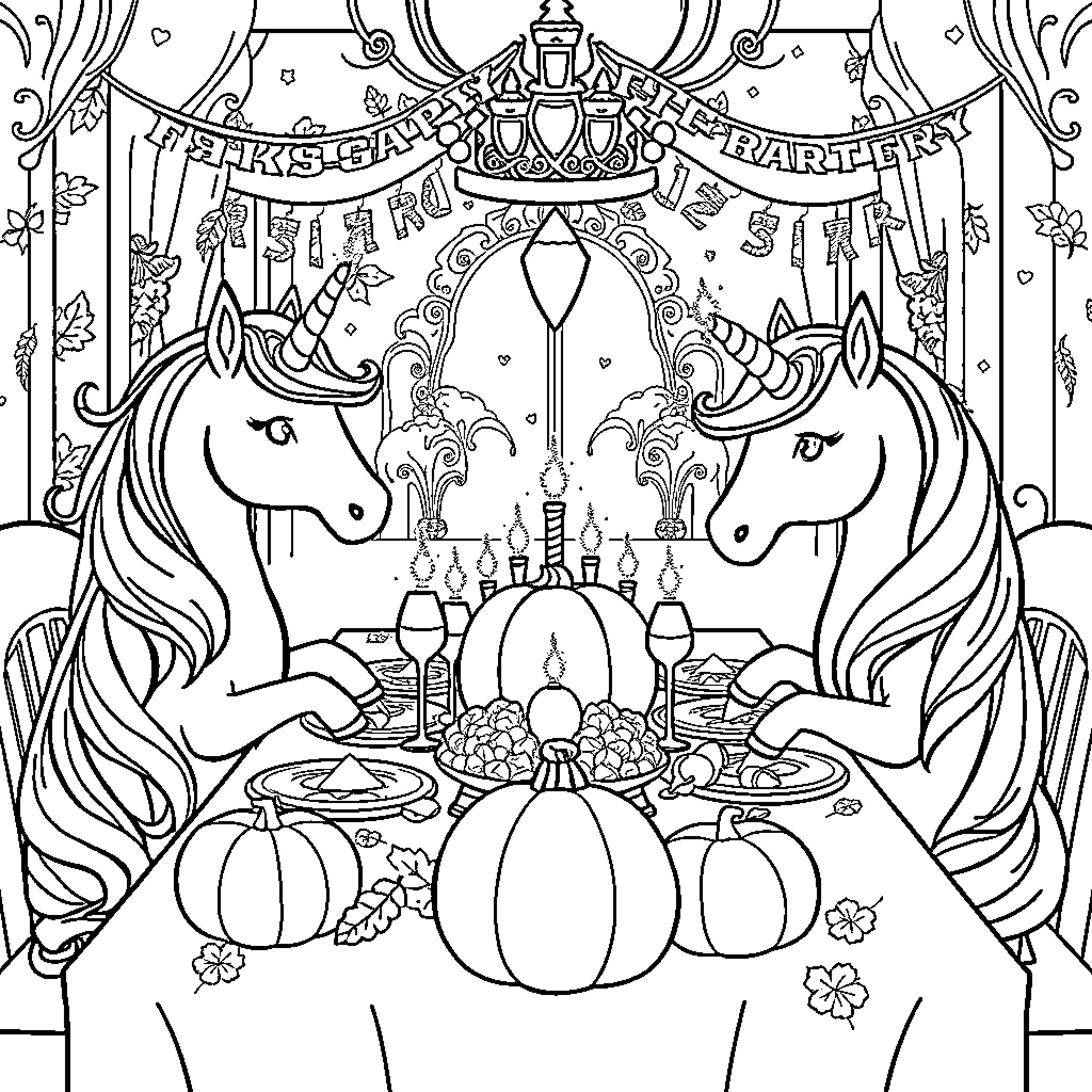 Unicorn Feast at Enchanted Castle Coloring Page (free black-and-white line drawing printable PDF for all, from beginners to advanced learners, including children, teens, adults, and seniors)