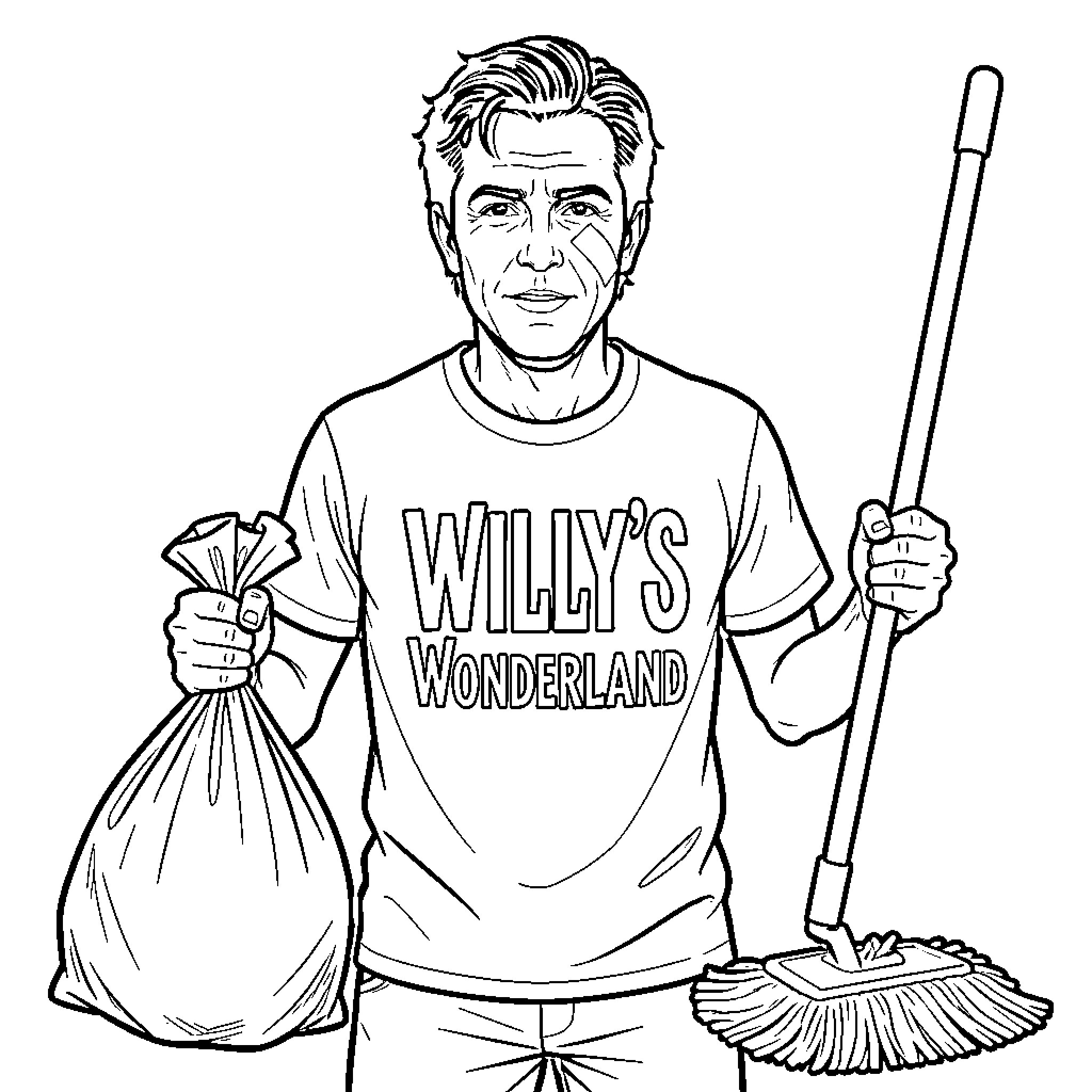 Nicholas Cage holding trash bag and a mop Coloring Page (free black-and-white line drawing printable PDF for all, from beginners to advanced learners, including children, teens, adults, and seniors)