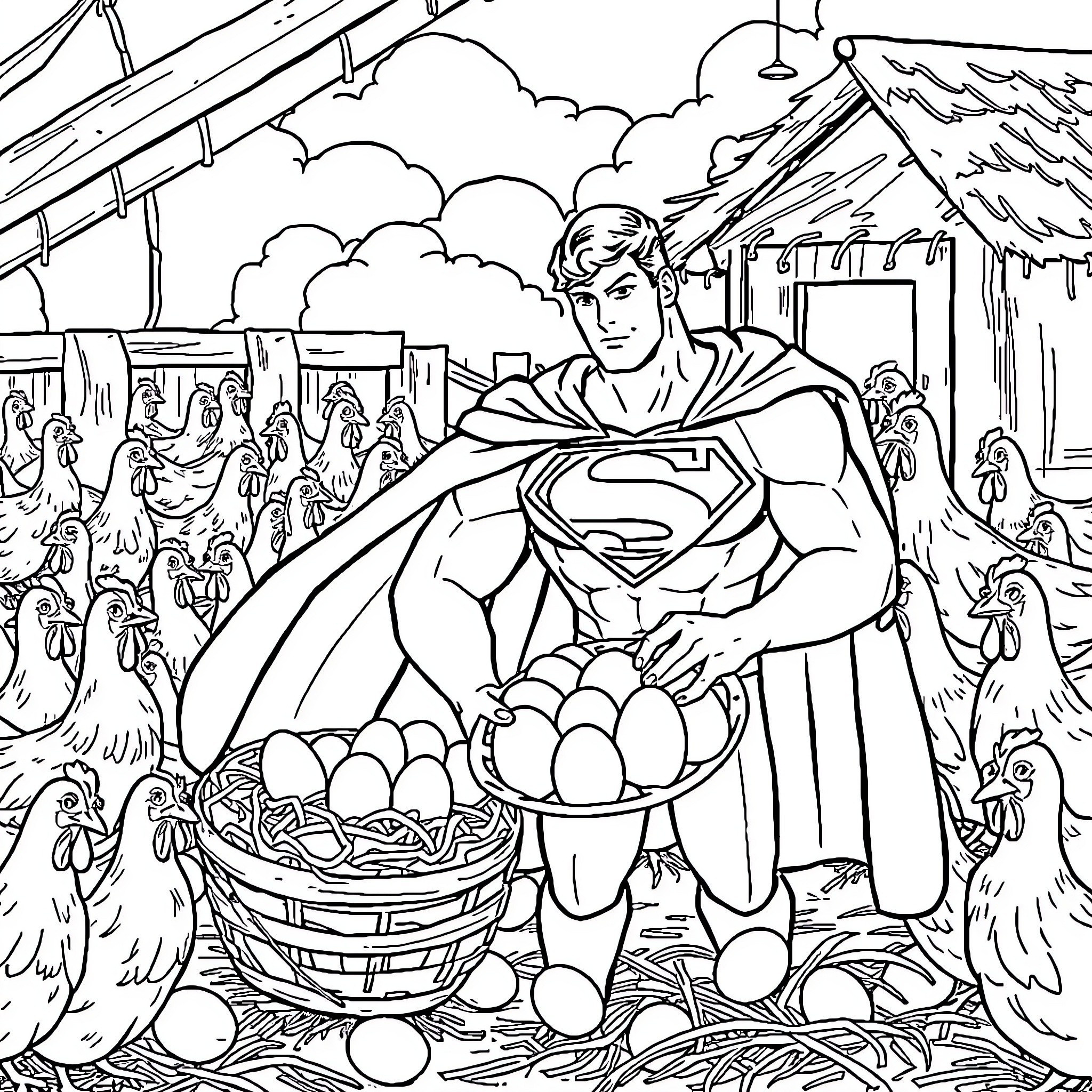Superman Helping Villagers with Basket of Eggs Coloring Page (free black-and-white line drawing printable PDF for all, from beginners to advanced learners, including children, teens, adults, and seniors)