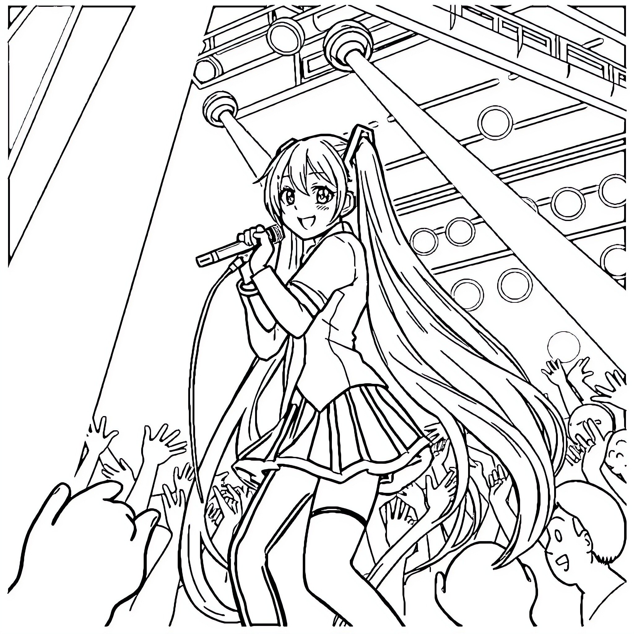 Hatsune Miku Performing on Stage Coloring Page (free black-and-white line drawing printable PDF for all, from beginners to advanced learners, including children, teens, adults, and seniors)