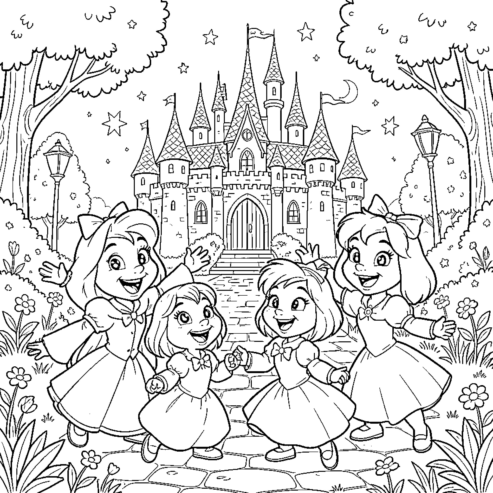 Disney Characters Celebrating at Magical Castle Coloring Page (free black-and-white line drawing printable PDF for all, from beginners to advanced learners, including children, teens, adults, and seniors)