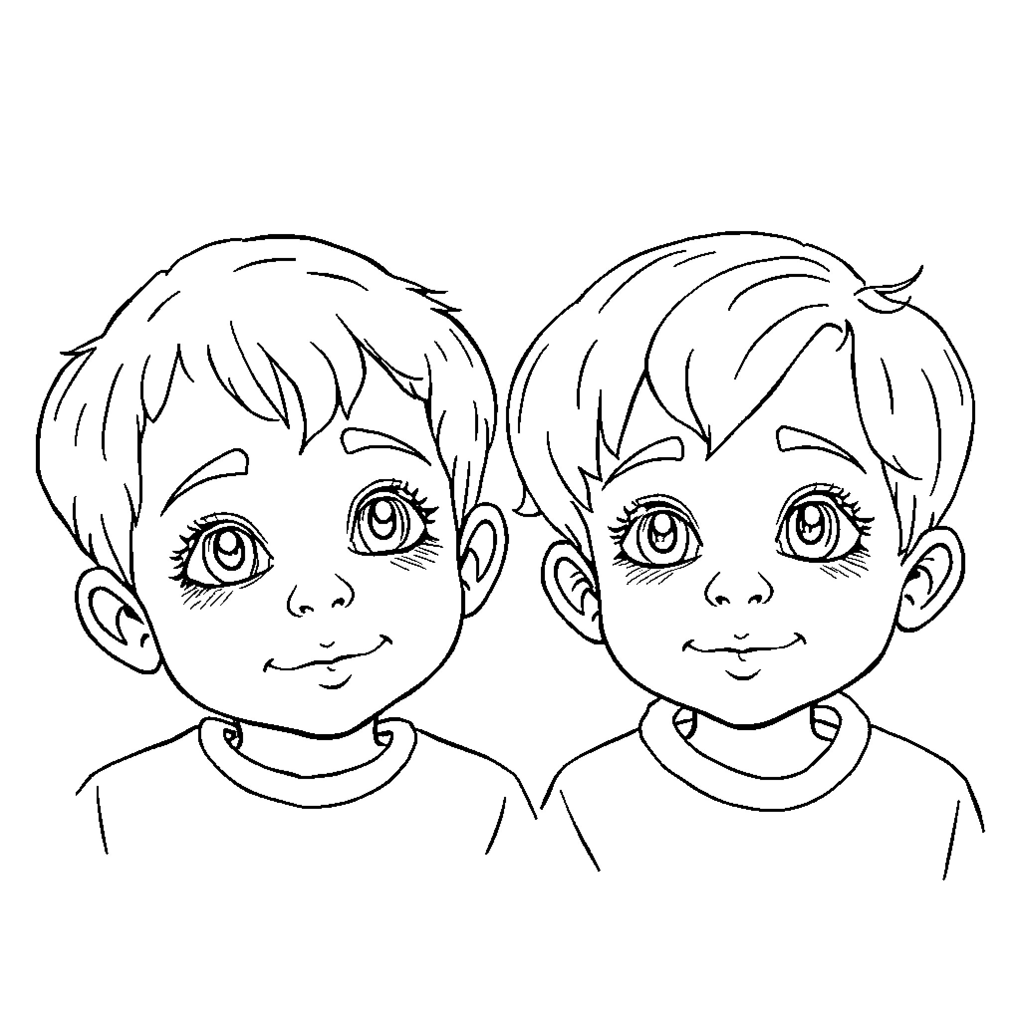 Child siblings smiling with happiness Coloring Page (free black-and-white line drawing printable PDF for all, from beginners to advanced learners, including children, teens, adults, and seniors)