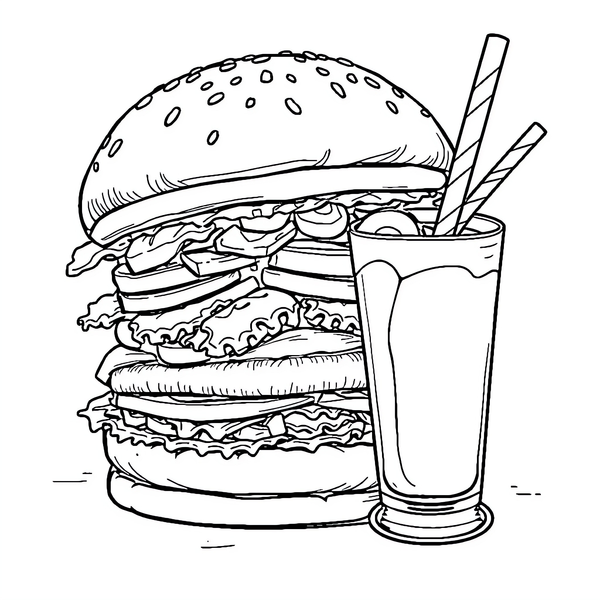 Hamburger and milkshake illustration Coloring Page (free black-and-white line drawing printable PDF for all, from beginners to advanced learners, including children, teens, adults, and seniors)