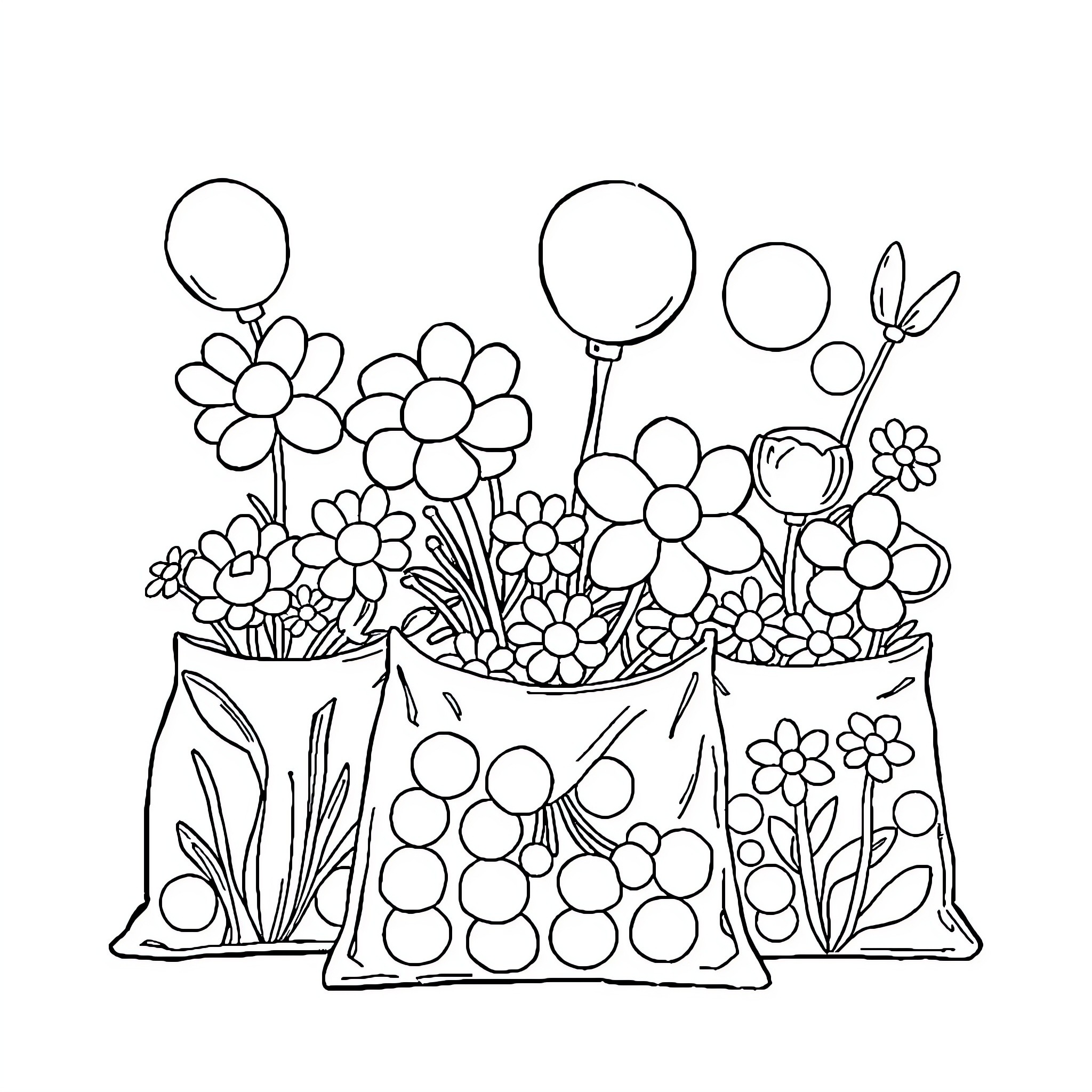 Bubble Flower Garden with Whimsical Blooms Coloring Page (free black-and-white line drawing printable PDF for all, from beginners to advanced learners, including children, teens, adults, and seniors)