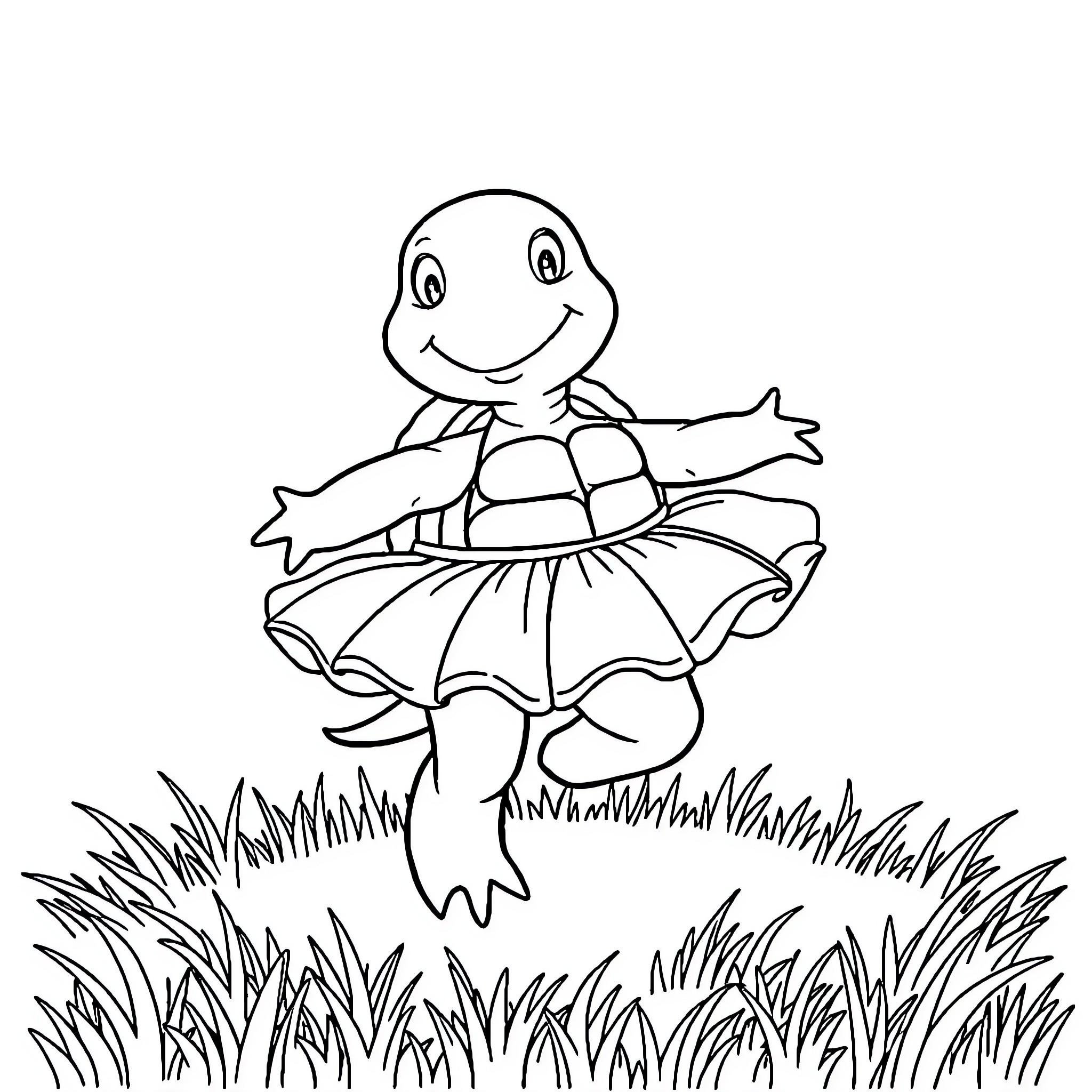 Turtle dancing joyfully in a grassy field Coloring Page (free black-and-white line drawing printable PDF for all, from beginners to advanced learners, including children, teens, adults, and seniors)