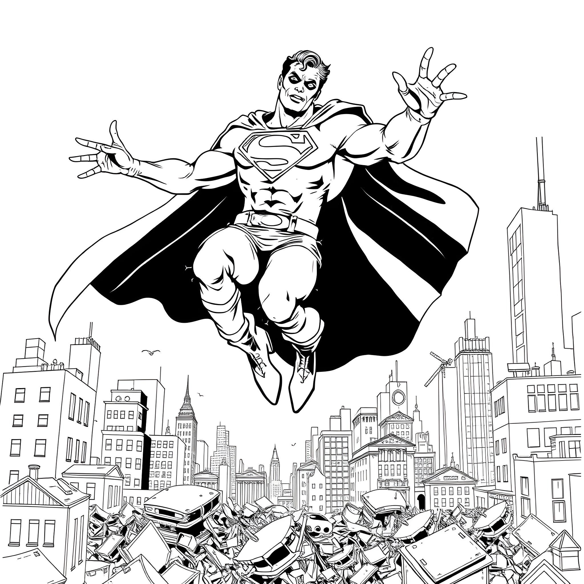 Bizzarro Superman saves the city from chaos Coloring Page (free black-and-white line drawing printable PDF for all, from beginners to advanced learners, including children, teens, adults, and seniors)