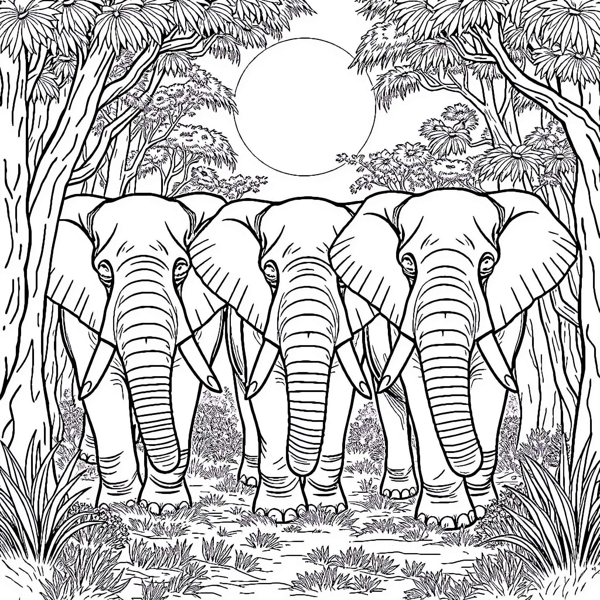Elephants walking through the lush jungle landscape Coloring Page (free black-and-white line drawing printable PDF for all, from beginners to advanced learners, including children, teens, adults, and seniors)