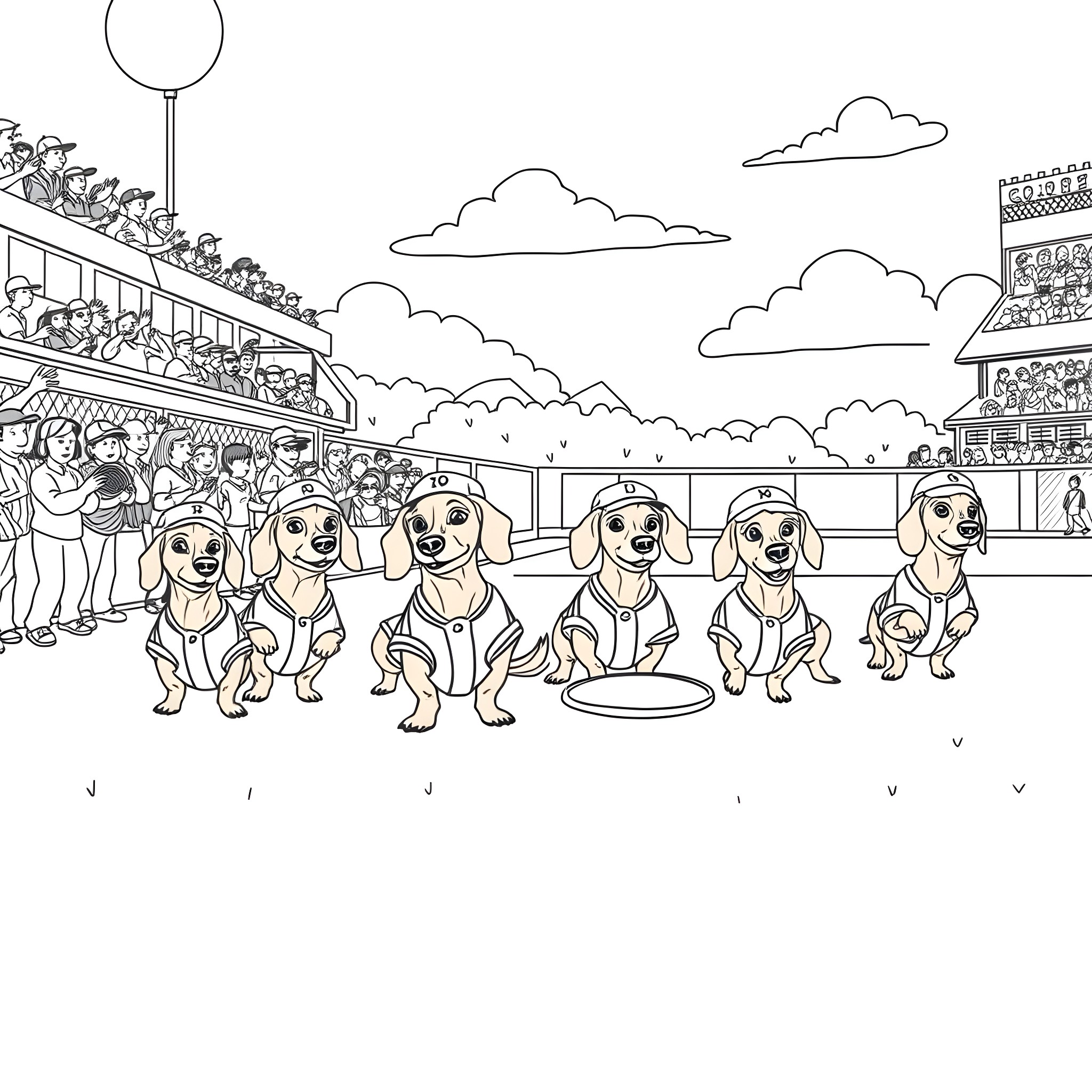 Dachshund sausage dogs racing on the track Coloring Page (free black-and-white line drawing printable PDF for all, from beginners to advanced learners, including children, teens, adults, and seniors)