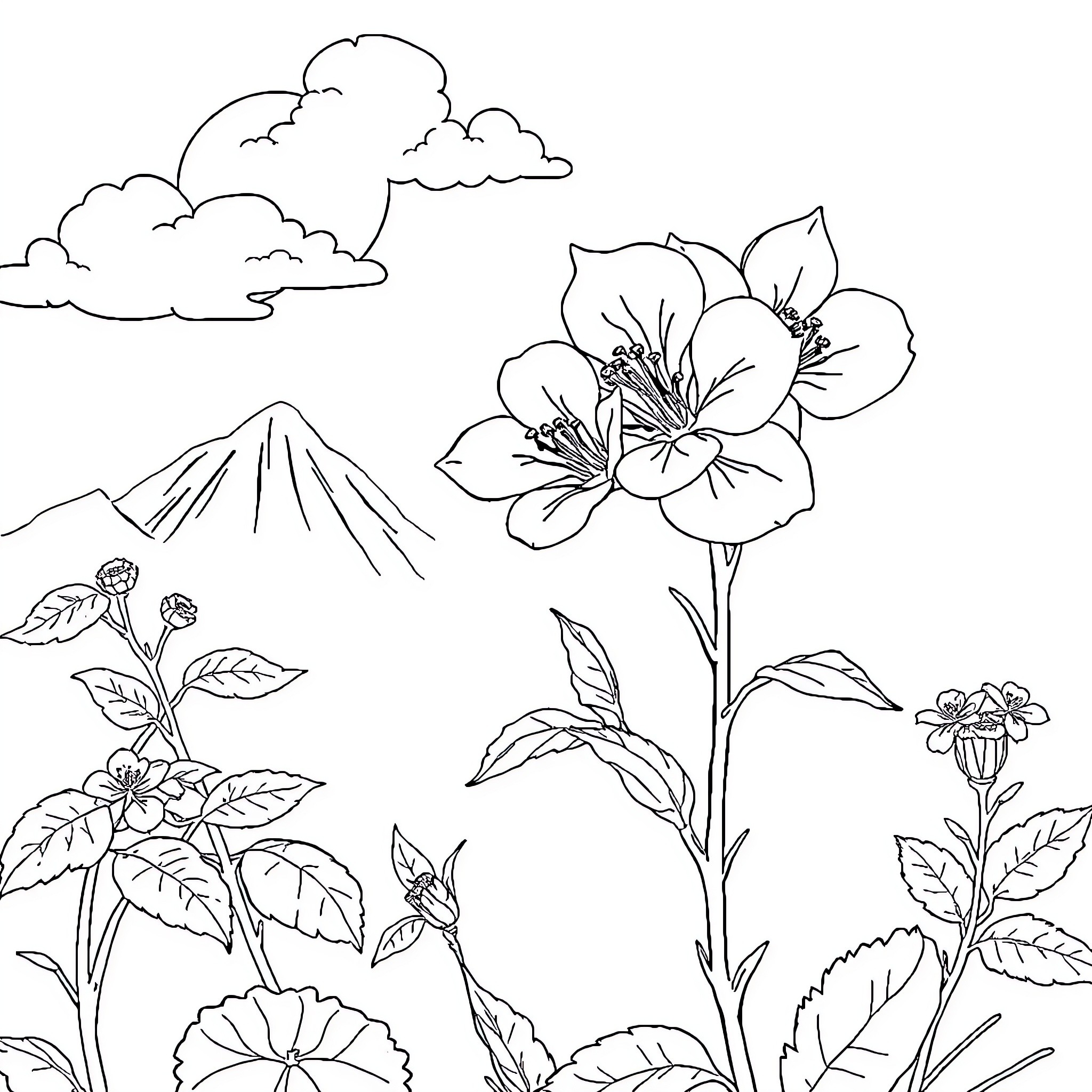 Cherry Tree Blooms in Mountainous Landscape Coloring Page (free black-and-white line drawing printable PDF for all, from beginners to advanced learners, including children, teens, adults, and seniors)