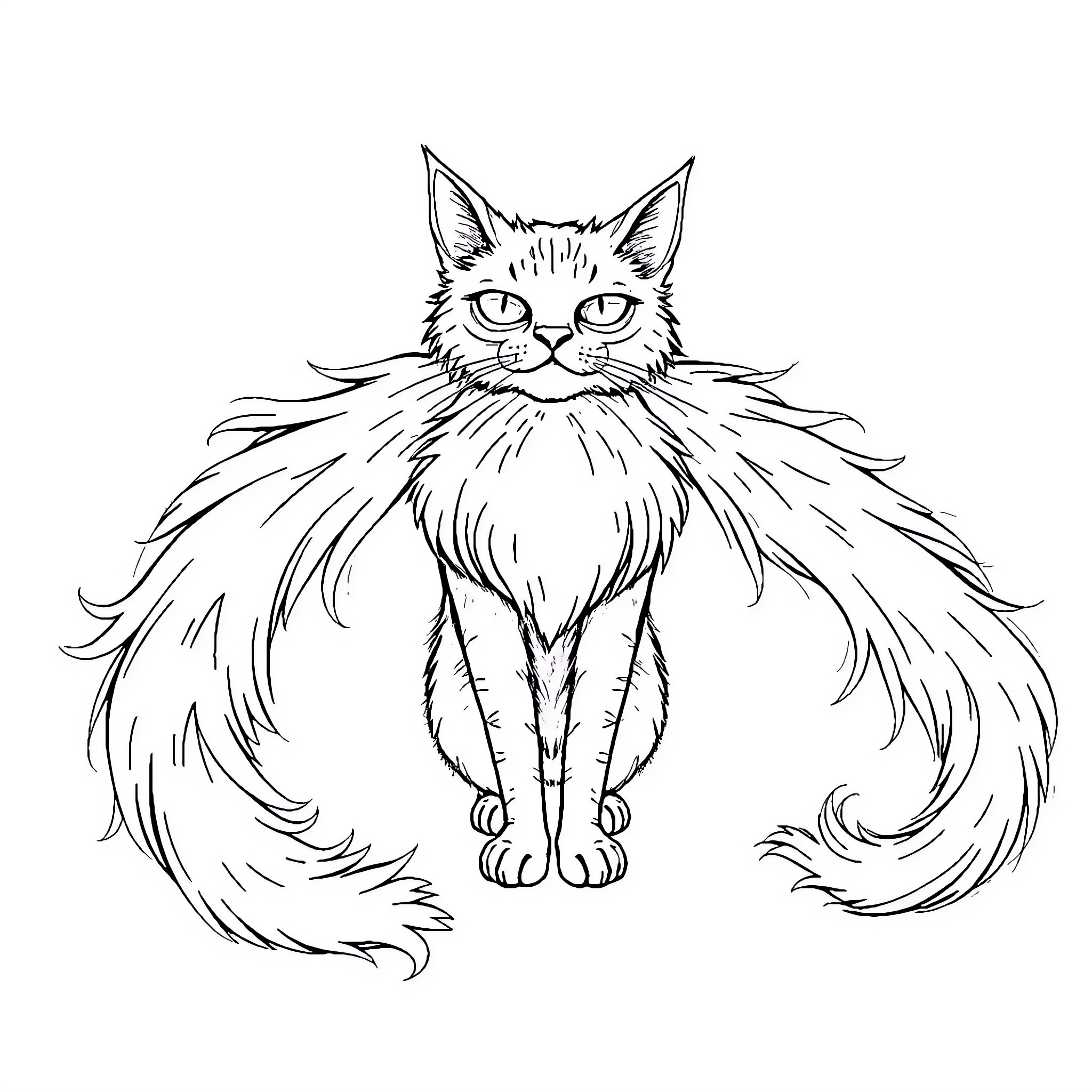 Cat with Fluffy Fur in Black and White Coloring Page (free black-and-white line drawing printable PDF for all, from beginners to advanced learners, including children, teens, adults, and seniors)