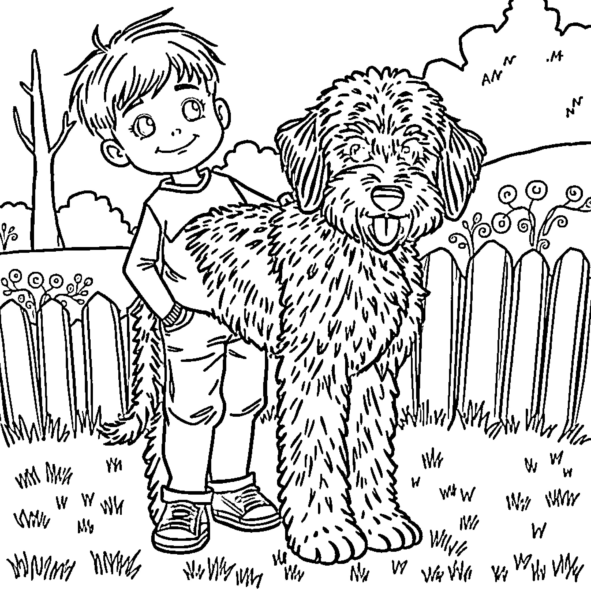 Boy happily playing with his fluffy dog outdoors Coloring Page (free black-and-white line drawing printable PDF for all, from beginners to advanced learners, including children, teens, adults, and seniors)
