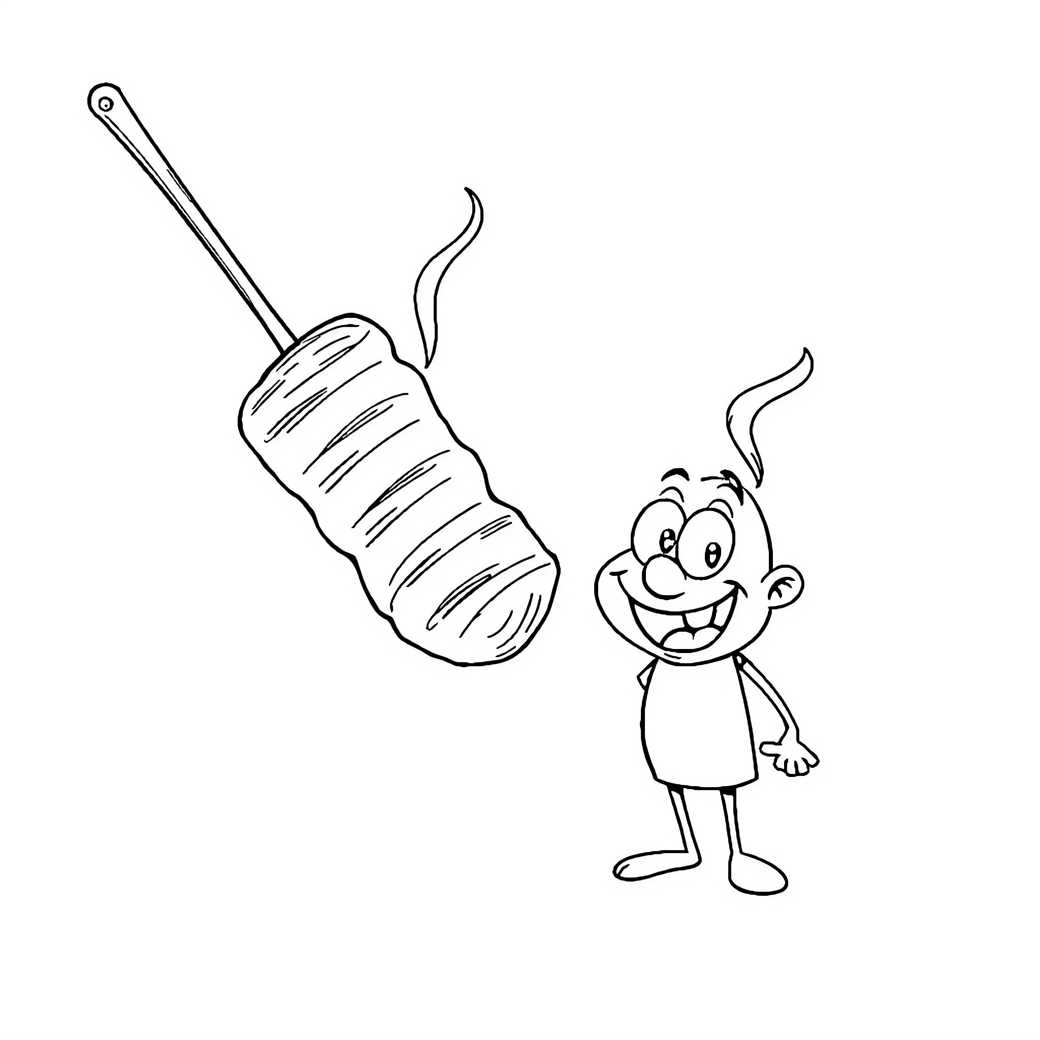 BBQ Stick with Smiling Character Coloring Page (free black-and-white line drawing printable PDF for all, from beginners to advanced learners, including children, teens, adults, and seniors)