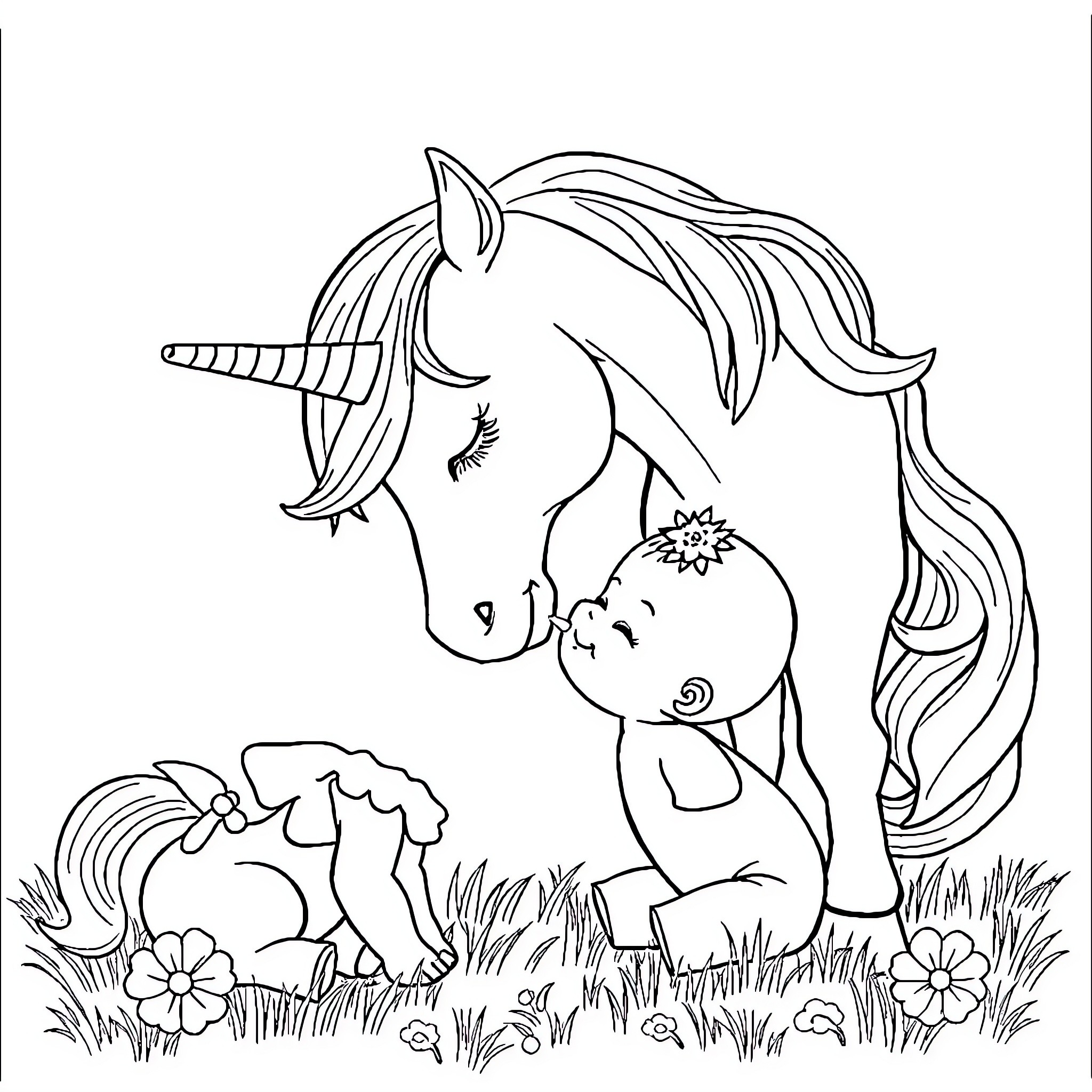 Unicorn comforting baby in a meadow Coloring Page (free black-and-white line drawing printable PDF for all, from beginners to advanced learners, including children, teens, adults, and seniors)