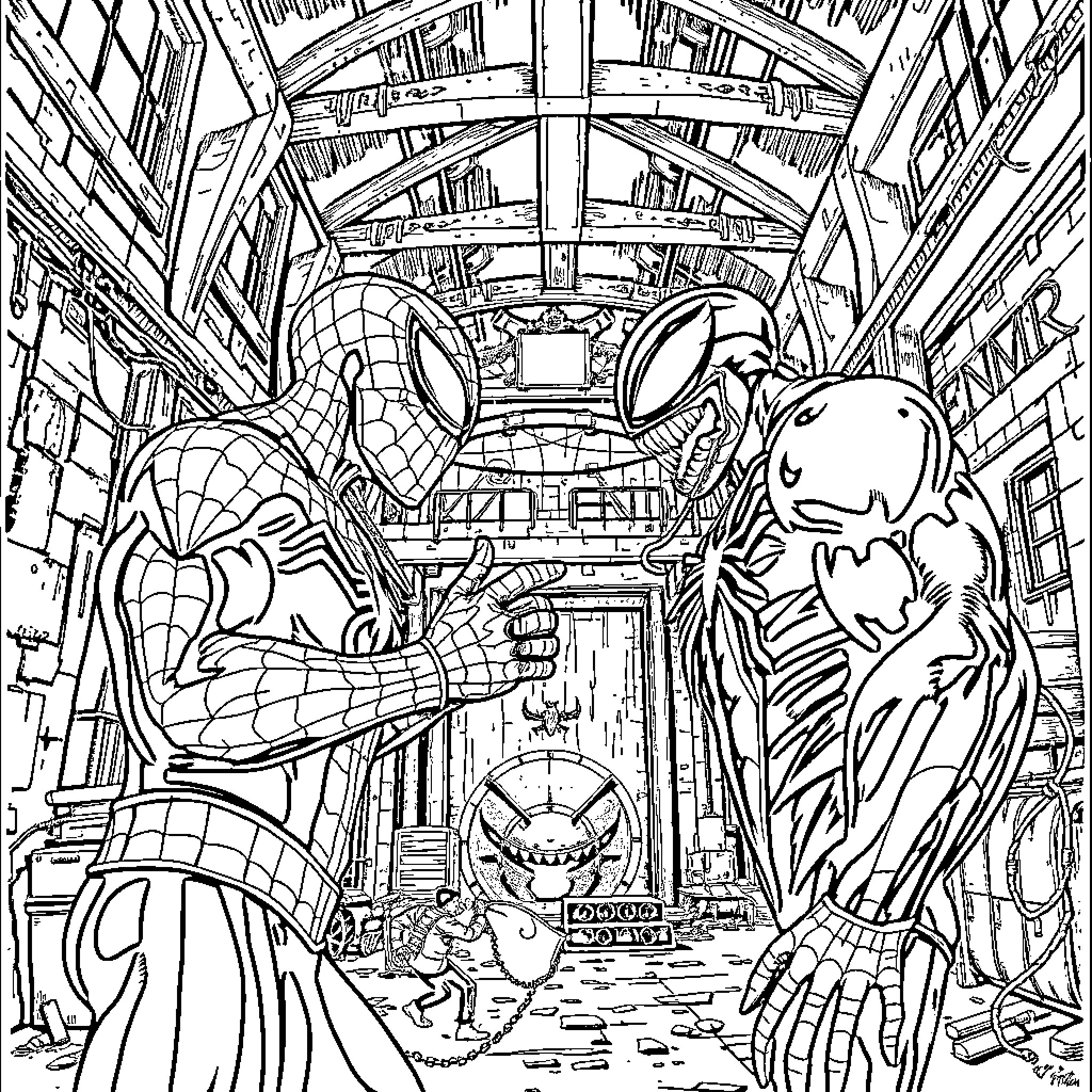 Spiderman and Venom in Epic Warehouse Showdown Coloring Page (free black-and-white line drawing printable PDF for all, from beginners to advanced learners, including children, teens, adults, and seniors)