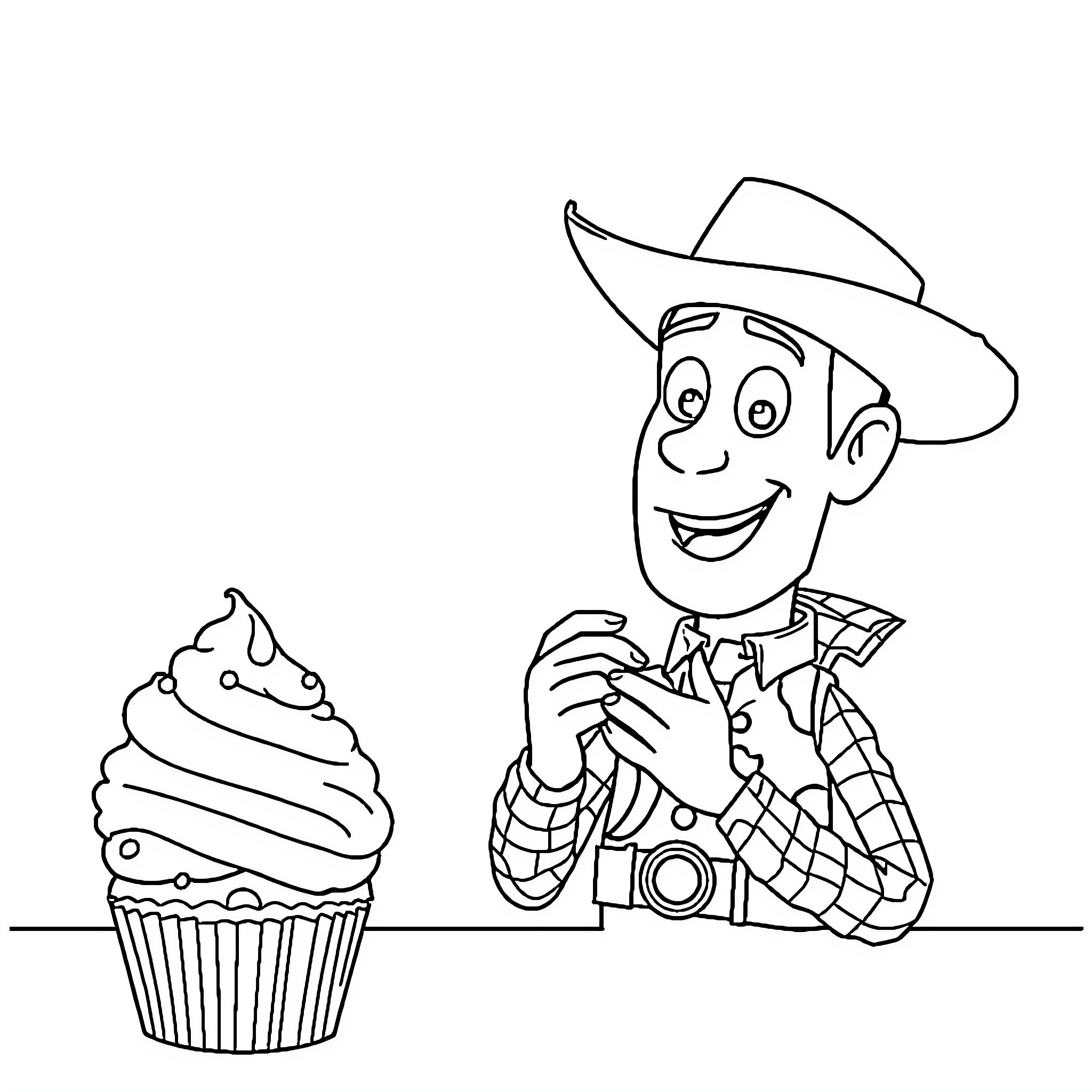 Woody eagerly enjoying a cupcake Coloring Page (free black-and-white line drawing printable PDF for all, from beginners to advanced learners, including children, teens, adults, and seniors)