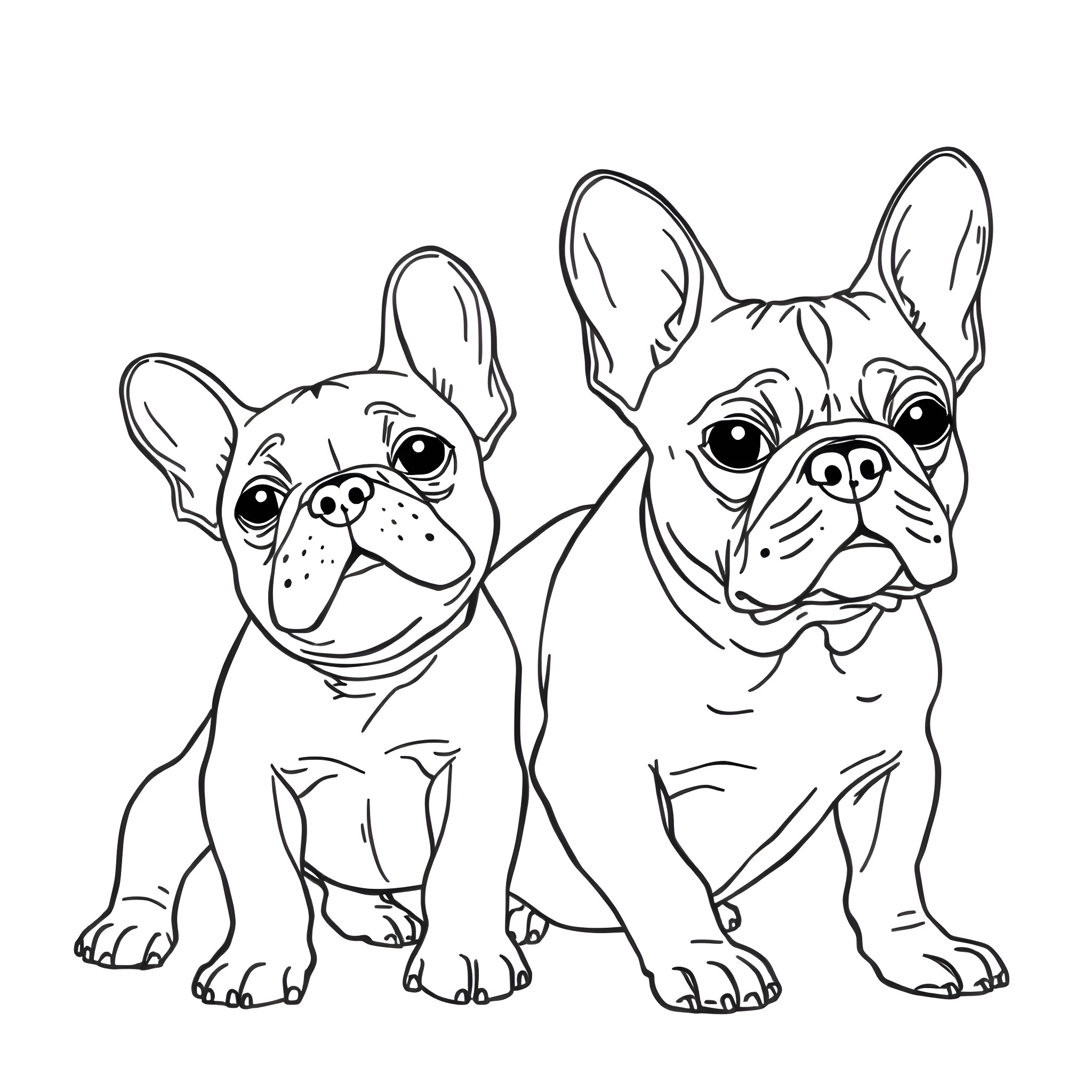 French Bulldog puppies posing together Coloring Page (free black-and-white line drawing printable PDF for all, from beginners to advanced learners, including children, teens, adults, and seniors)