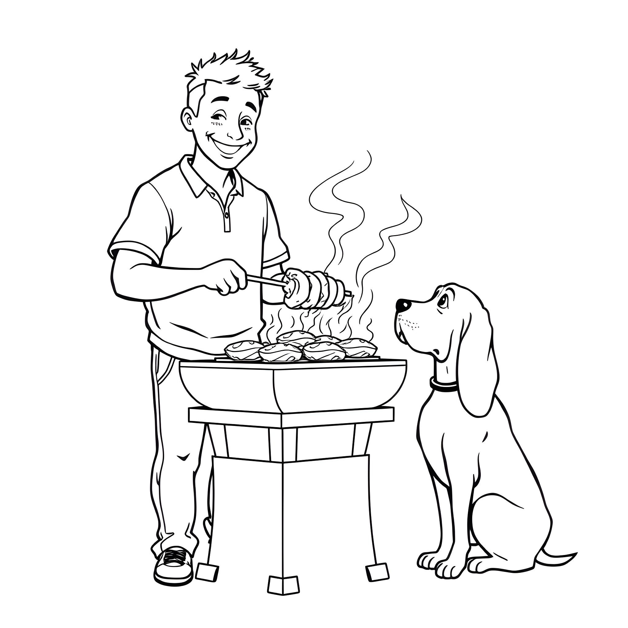 Man grilling food with a dog Coloring Page (free black-and-white line drawing printable PDF for all, from beginners to advanced learners, including children, teens, adults, and seniors)