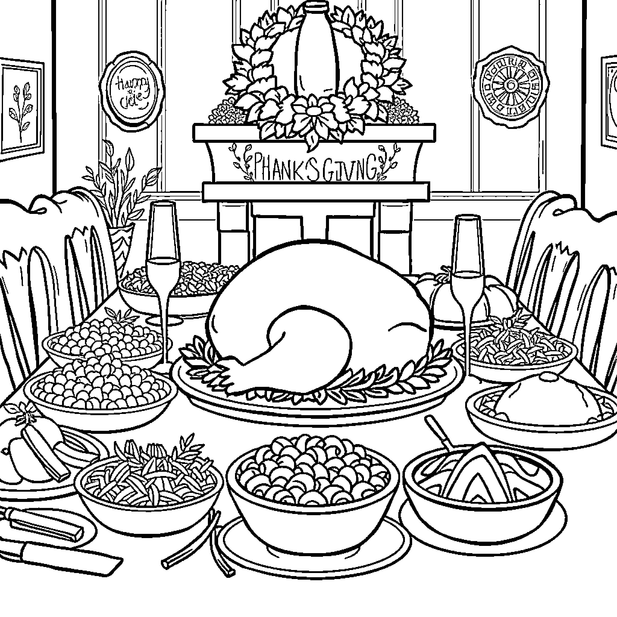 Thanksgiving Feast with Traditional Dishes and Decor Coloring Page (free black-and-white line drawing printable PDF for all, from beginners to advanced learners, including children, teens, adults, and seniors)