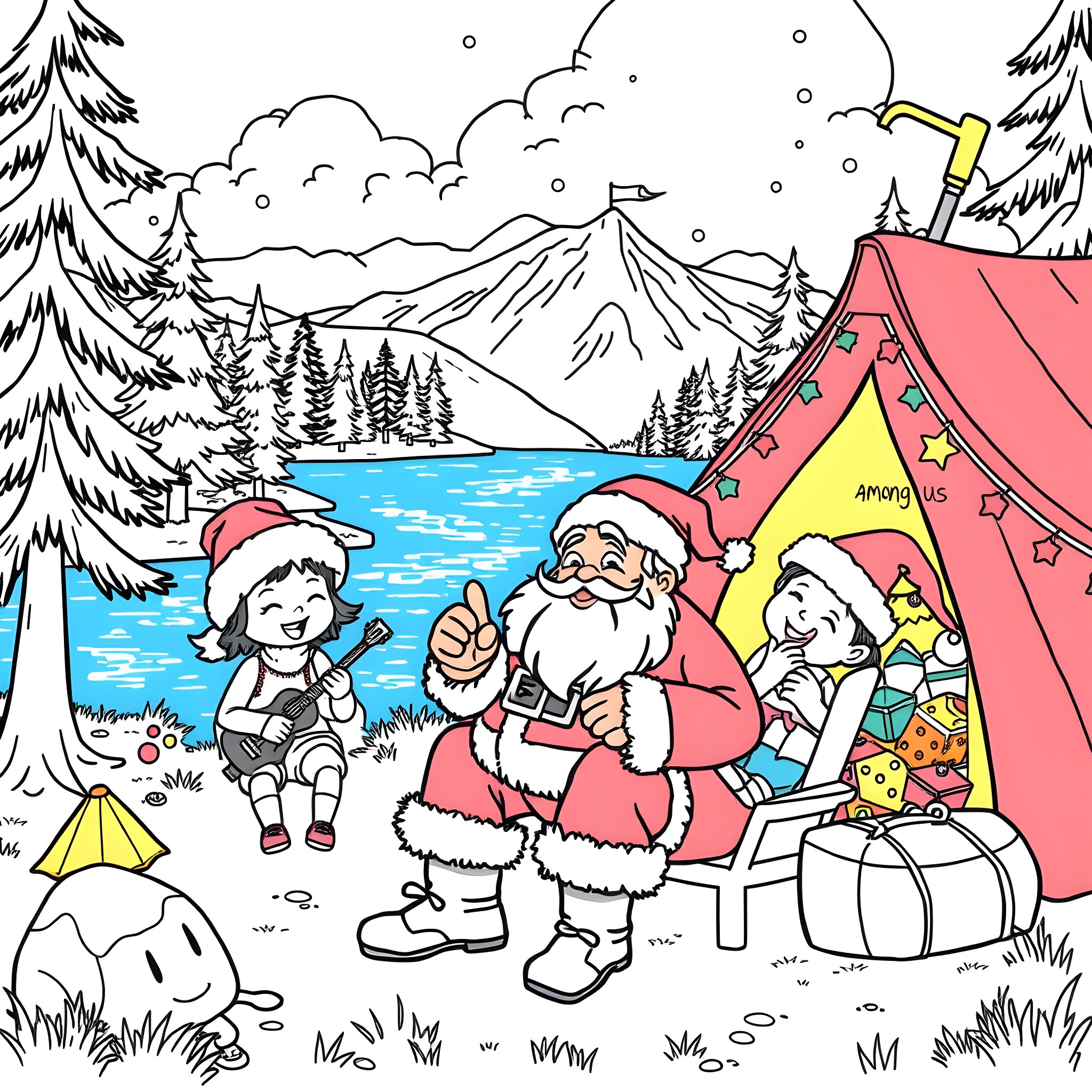 Santa celebrating with children in winter wonderland Coloring Page (free black-and-white line drawing printable PDF for all, from beginners to advanced learners, including children, teens, adults, and seniors)