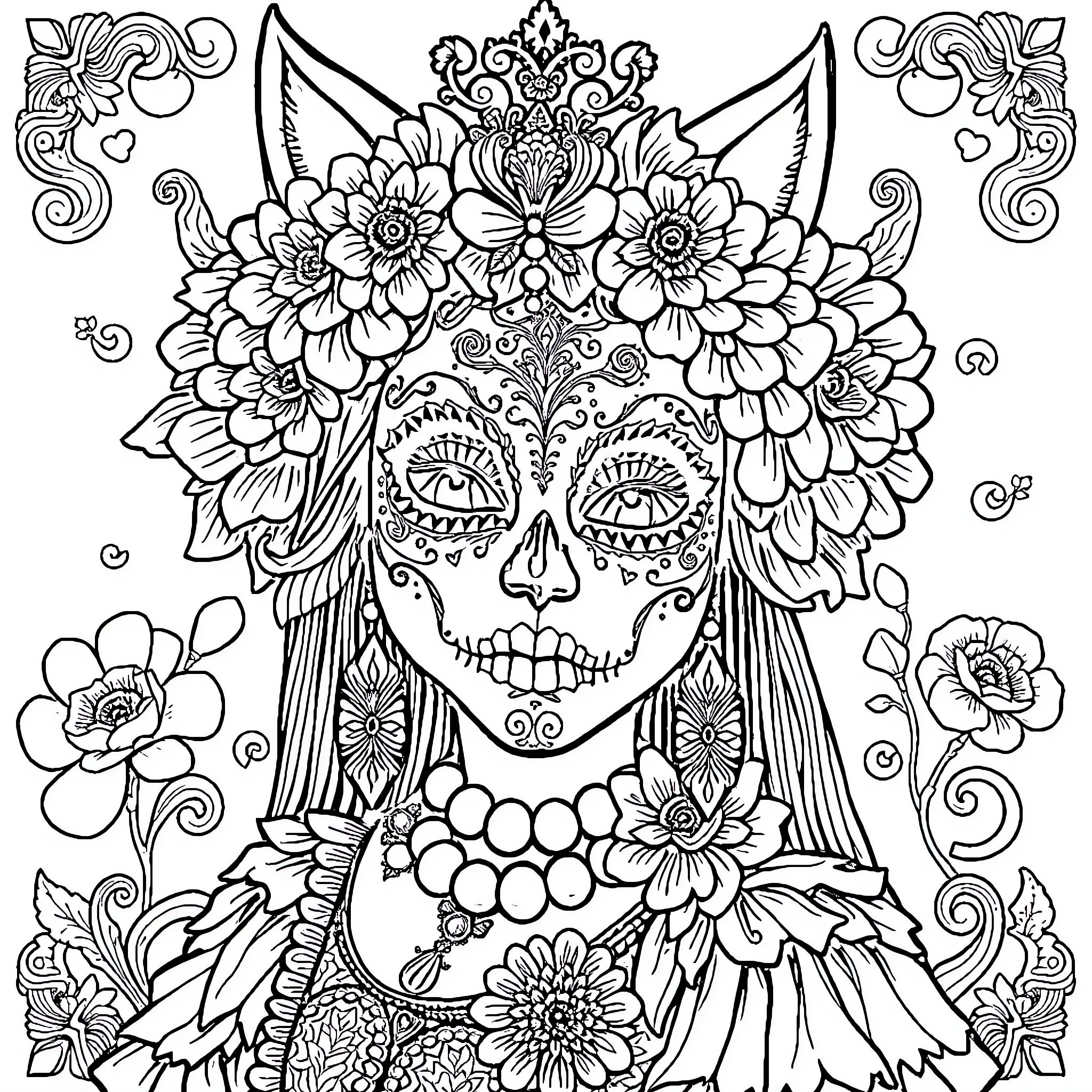 Catrina's Floral Masquerade Coloring Page (free black-and-white line drawing printable PDF for all, from beginners to advanced learners, including children, teens, adults, and seniors)