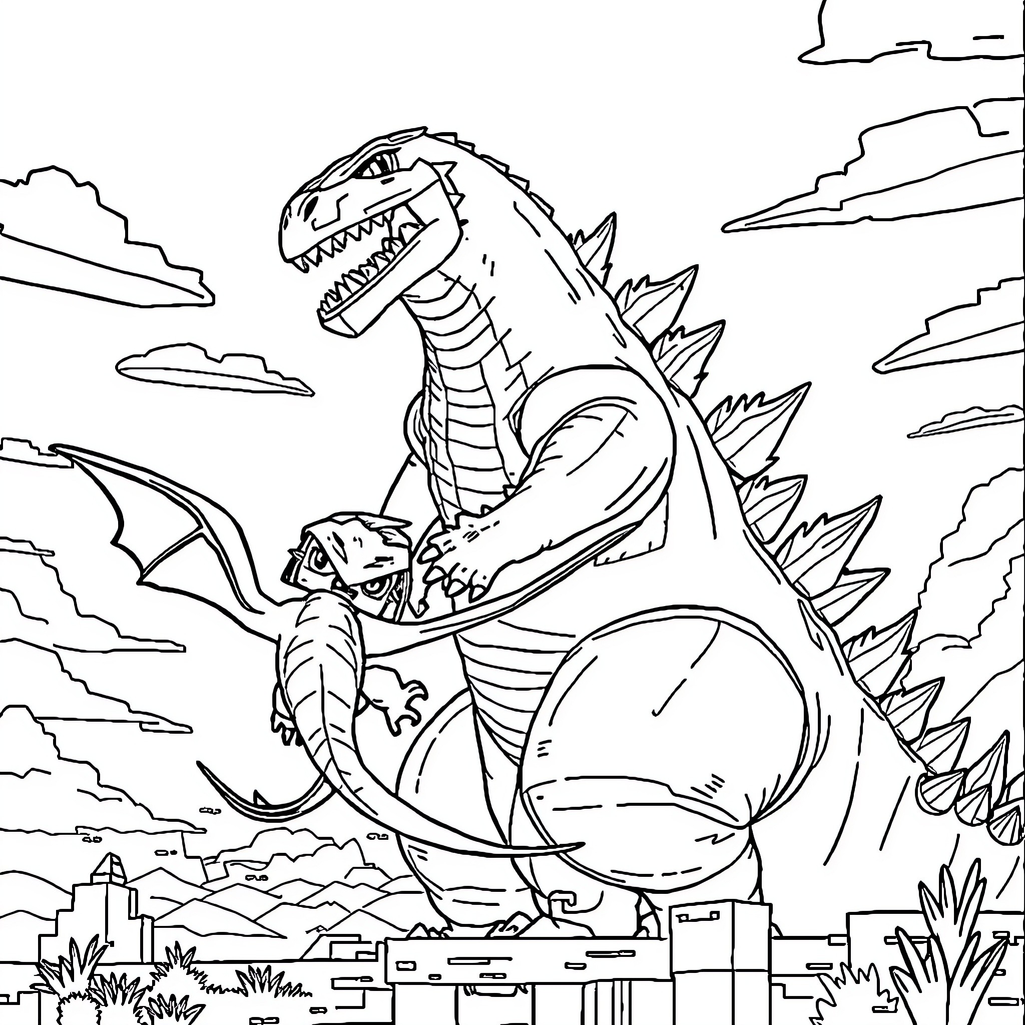 Toothless dragon stomping through the city Coloring Page (free black-and-white line drawing printable PDF for all, from beginners to advanced learners, including children, teens, adults, and seniors)