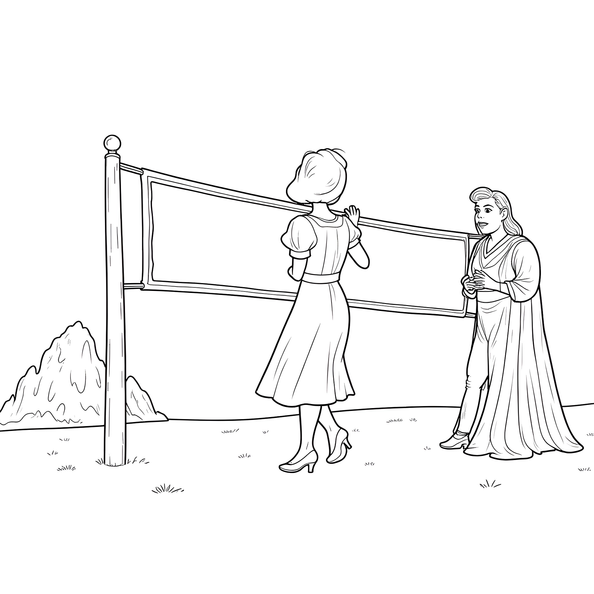 Wicked Characters Raising a Rebel Flag Coloring Page (free black-and-white line drawing printable PDF for all, from beginners to advanced learners, including children, teens, adults, and seniors)