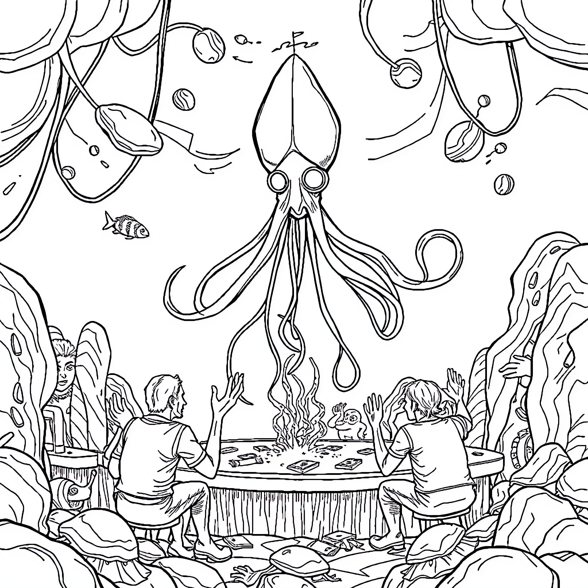 Squid Game: Underwater Gathering Coloring Page (free black-and-white line drawing printable PDF for all, from beginners to advanced learners, including children, teens, adults, and seniors)