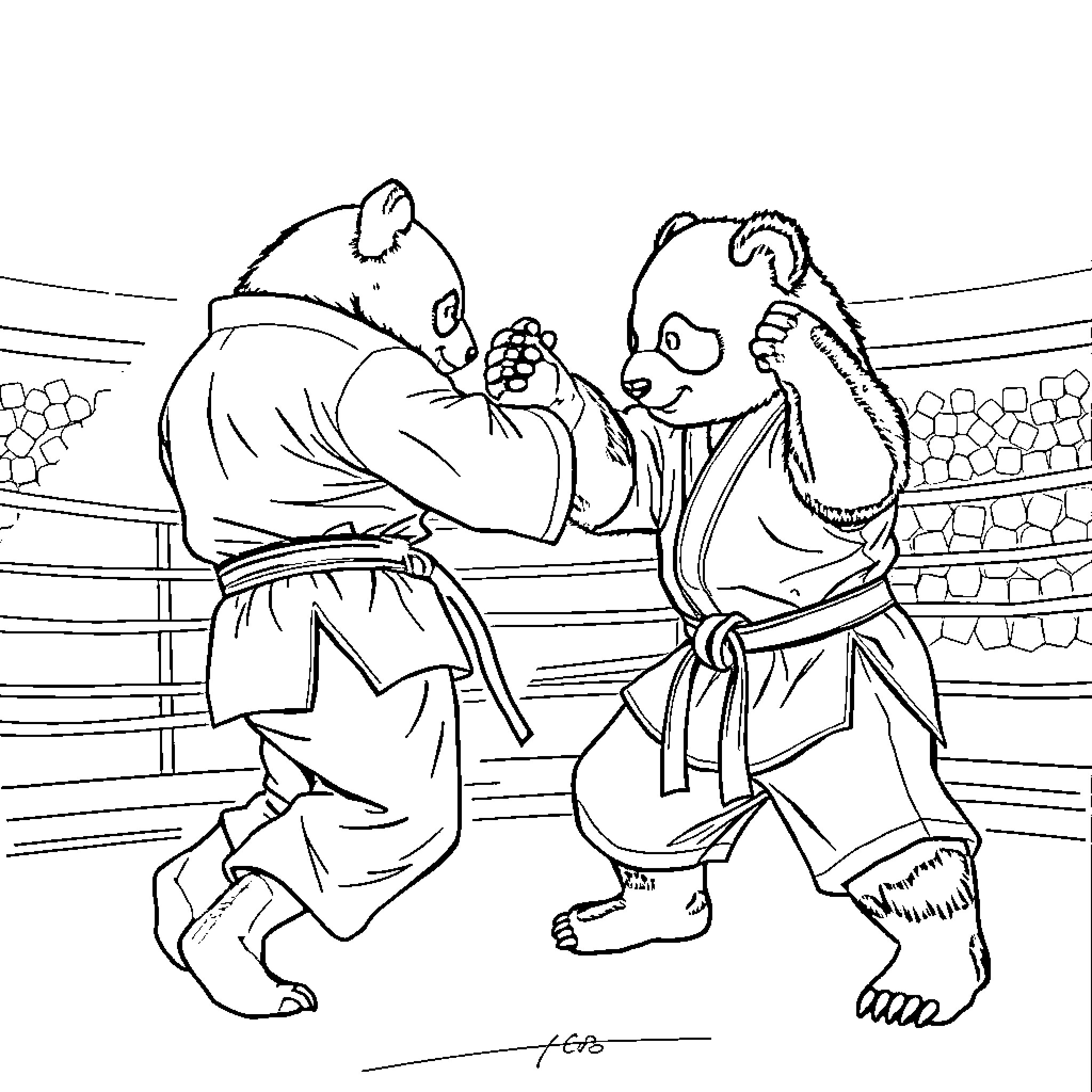 Panda wrestlers engaged in an intense match Coloring Page (free black-and-white line drawing printable PDF for all, from beginners to advanced learners, including children, teens, adults, and seniors)
