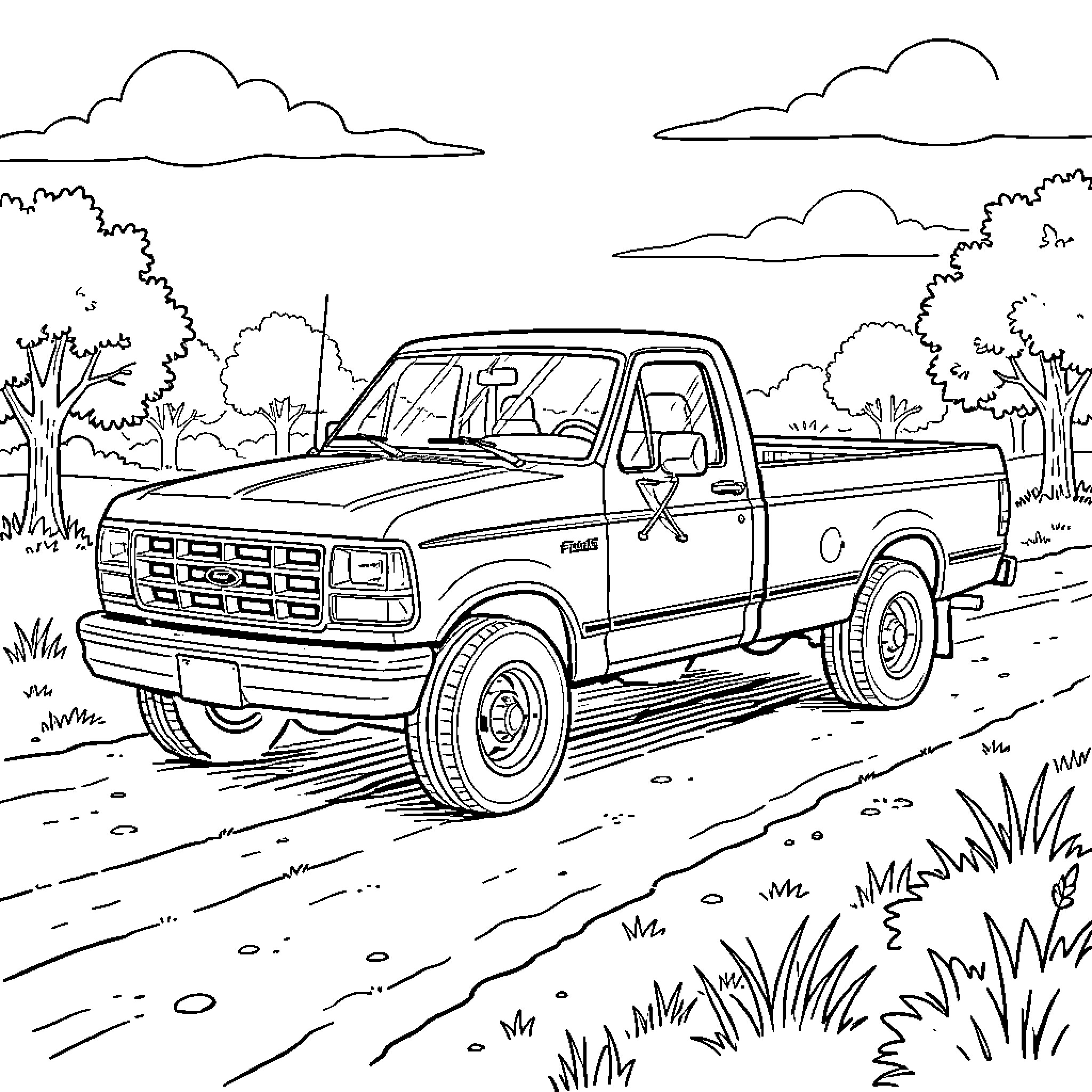 Ford Truck driving along a dirt path through trees Coloring Page (free black-and-white line drawing printable PDF for all, from beginners to advanced learners, including children, teens, adults, and seniors)