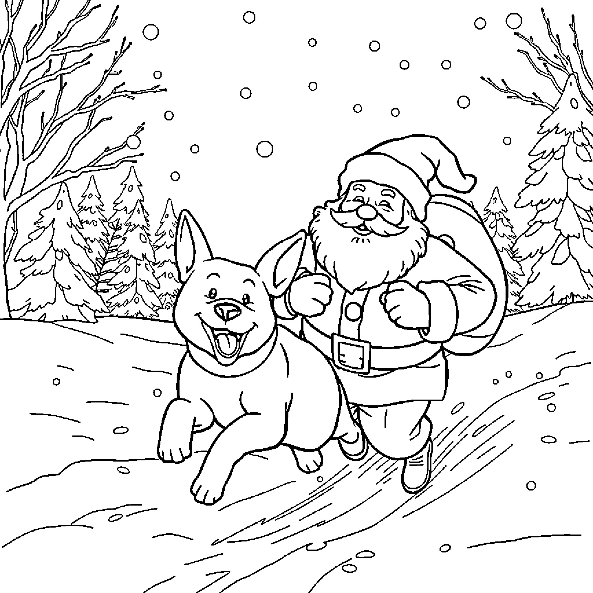 Dog playing happily with Santa in the snow Coloring Page (free black-and-white line drawing printable PDF for all, from beginners to advanced learners, including children, teens, adults, and seniors)