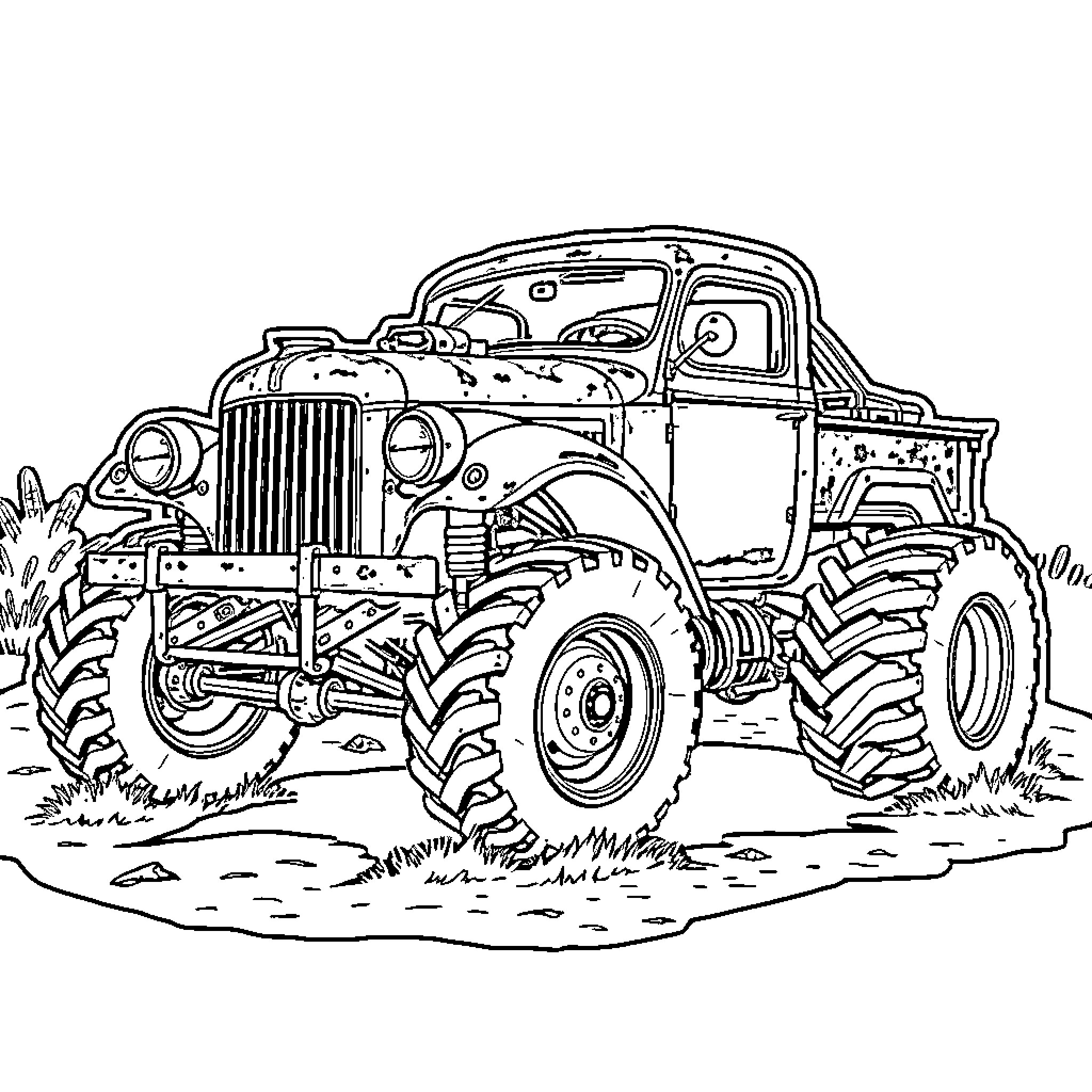 Rat Rod off-road adventure Coloring Page (free black-and-white line drawing printable PDF for all, from beginners to advanced learners, including children, teens, adults, and seniors)