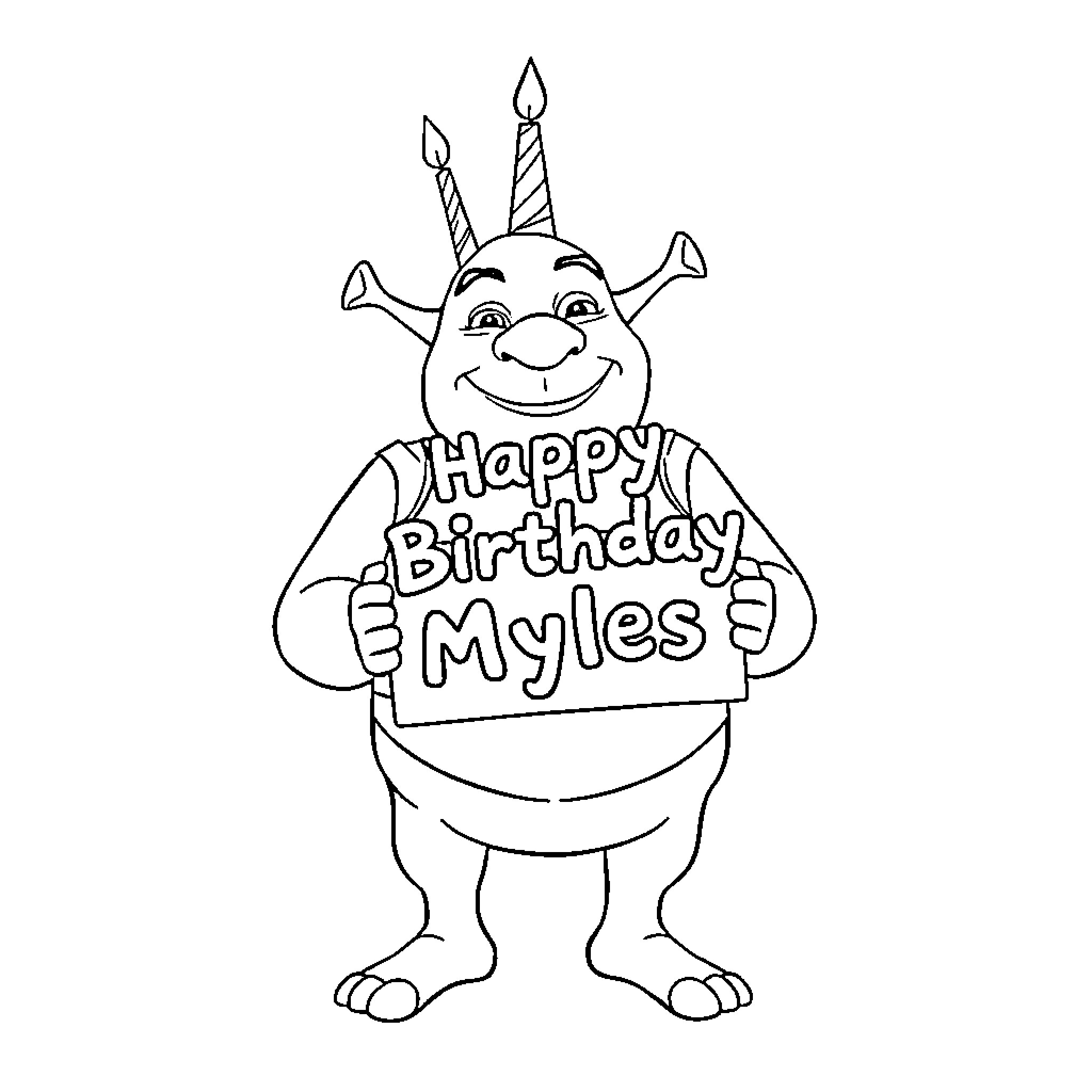 Shrek celebrating happy birthday with joy Coloring Page (free black-and-white line drawing printable PDF for all, from beginners to advanced learners, including children, teens, adults, and seniors)