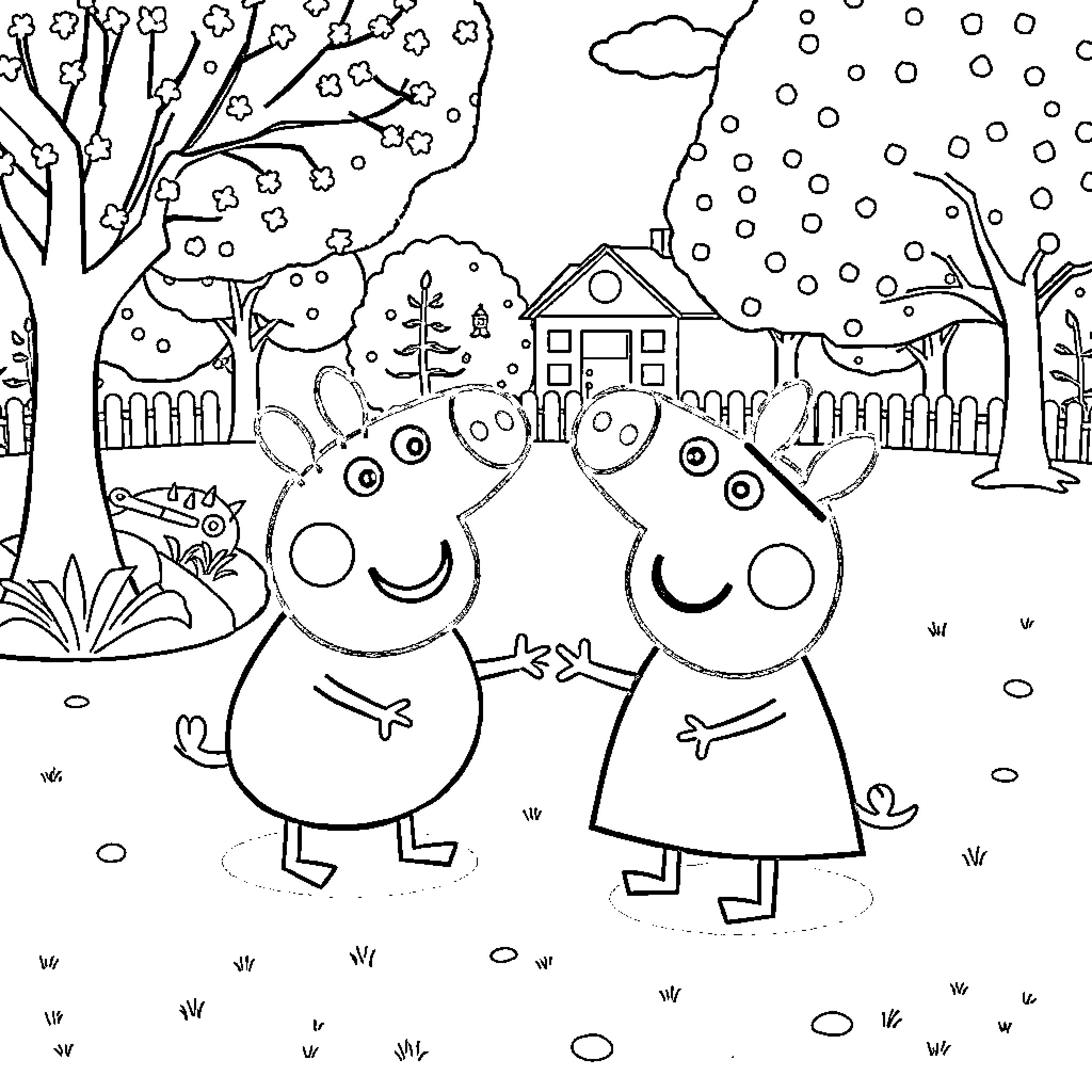 Peppa and George playing in the snowy landscape Coloring Page (free black-and-white line drawing printable PDF for all, from beginners to advanced learners, including children, teens, adults, and seniors)