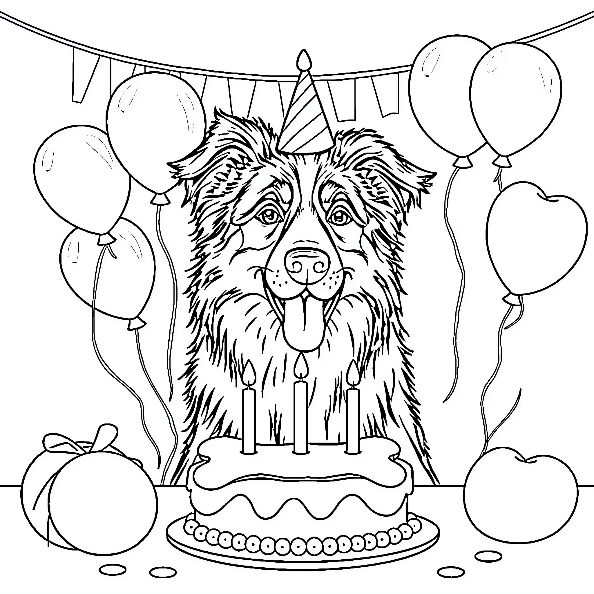 Australian Shepherd celebrating birthday with cake and balloons Coloring Page (free black-and-white line drawing printable PDF for all, from beginners to advanced learners, including children, teens, adults, and seniors)