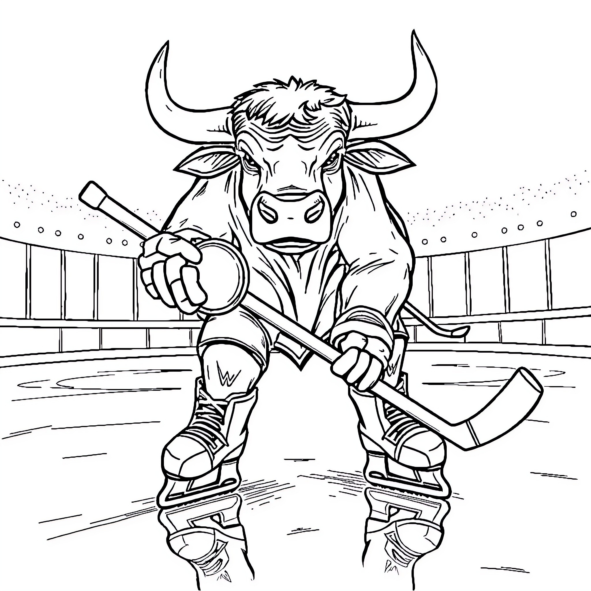 Bull Hockey Player in Action on the Rink Coloring Page (free black-and-white line drawing printable PDF for all, from beginners to advanced learners, including children, teens, adults, and seniors)