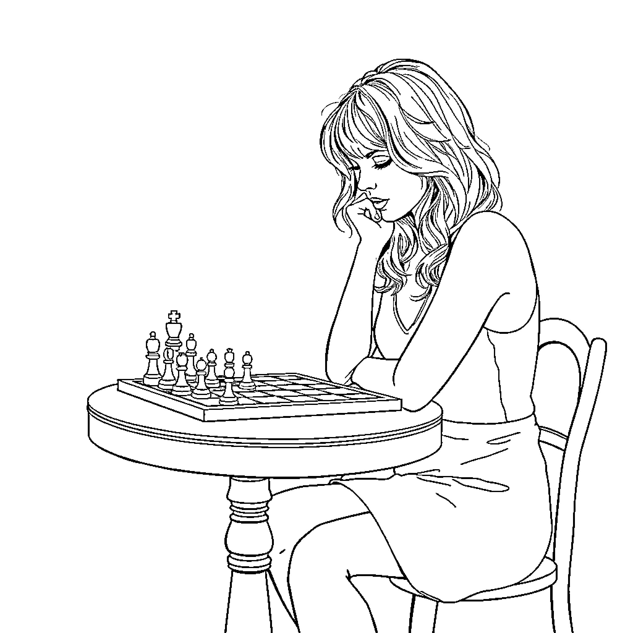 Taylor Swift playing a thoughtful game of chess Coloring Page (free black-and-white line drawing printable PDF for all, from beginners to advanced learners, including children, teens, adults, and seniors)