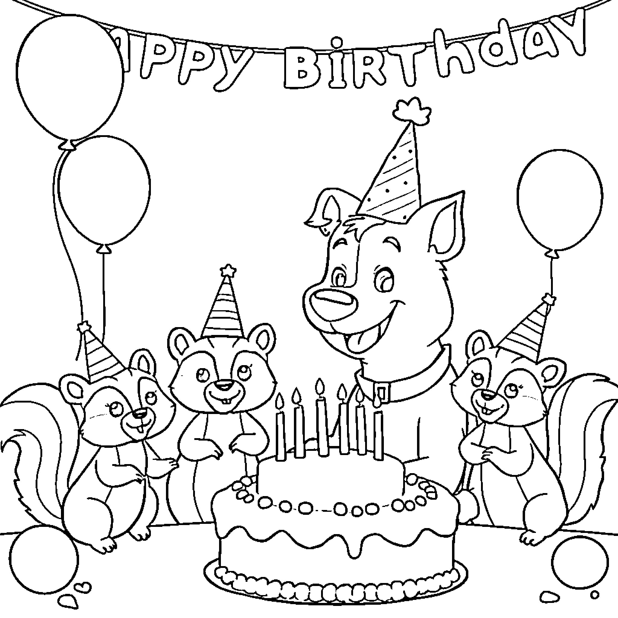 Bluey's Birthday Celebration with Animal Friends Coloring Page (free black-and-white line drawing printable PDF for all, from beginners to advanced learners, including children, teens, adults, and seniors)