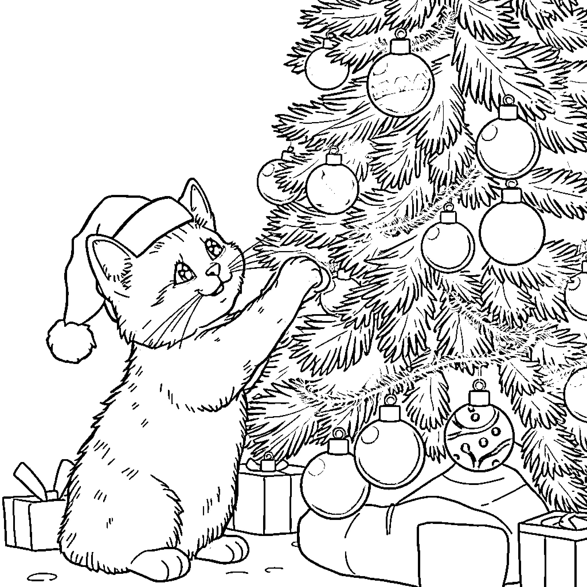 Cat playing with Christmas tree ornaments Coloring Page (free black-and-white line drawing printable PDF for all, from beginners to advanced learners, including children, teens, adults, and seniors)
