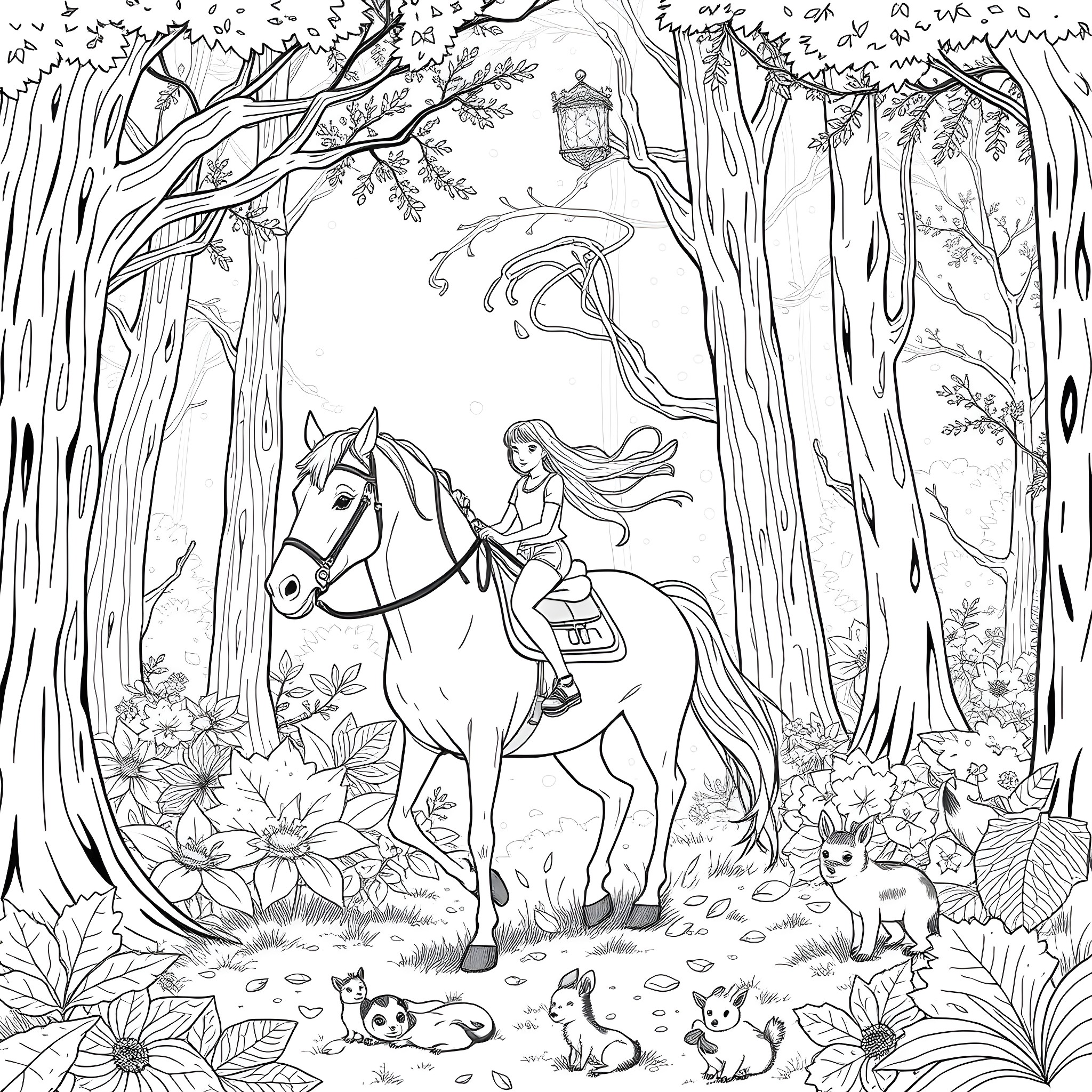 Teen Girl Riding Horse Through Magical Forest Coloring Page (free black-and-white line drawing printable PDF for all, from beginners to advanced learners, including children, teens, adults, and seniors)