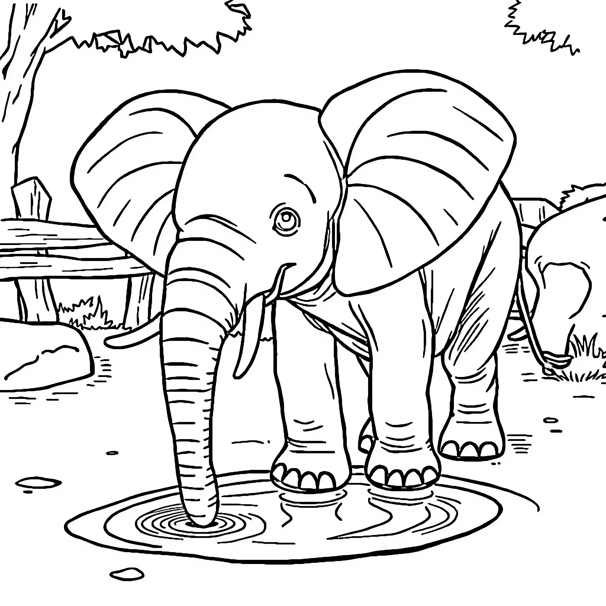Elephant walking through the savanna Coloring Page (free black-and-white line drawing printable PDF for all, from beginners to advanced learners, including children, teens, adults, and seniors)