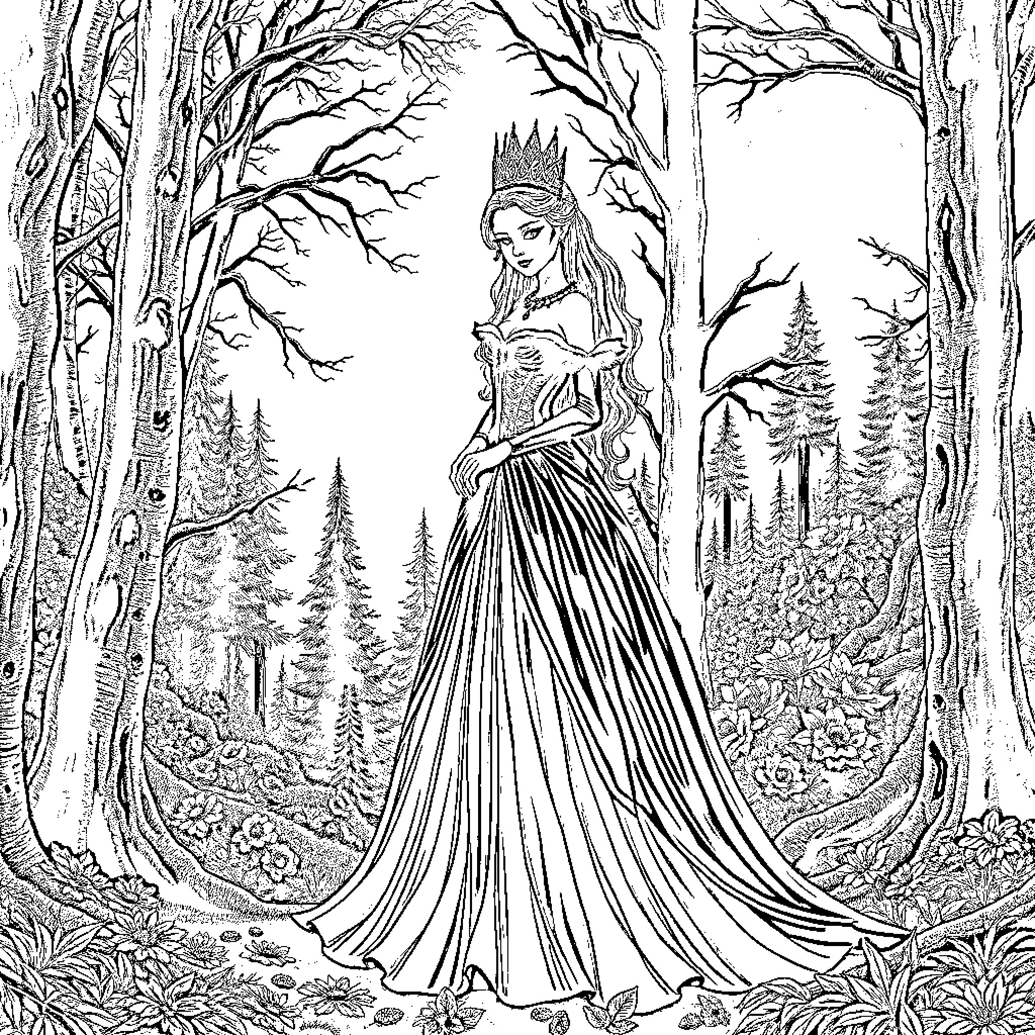 Princess in enchanted forest with flowing gown Coloring Page (free black-and-white line drawing printable PDF for all, from beginners to advanced learners, including children, teens, adults, and seniors)