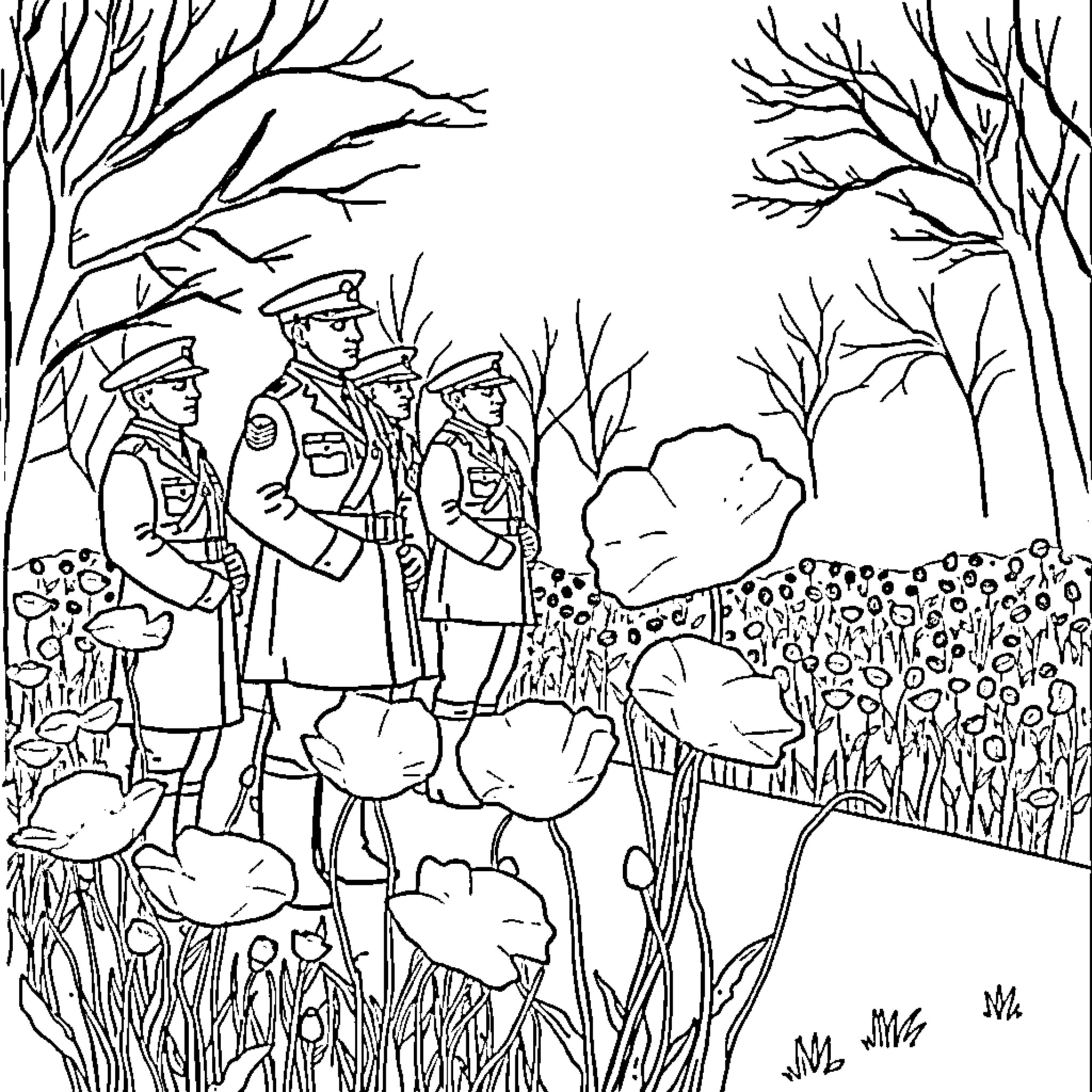 Poppy Soldiers Marching Through the Forest Coloring Page (free black-and-white line drawing printable PDF for all, from beginners to advanced learners, including children, teens, adults, and seniors)