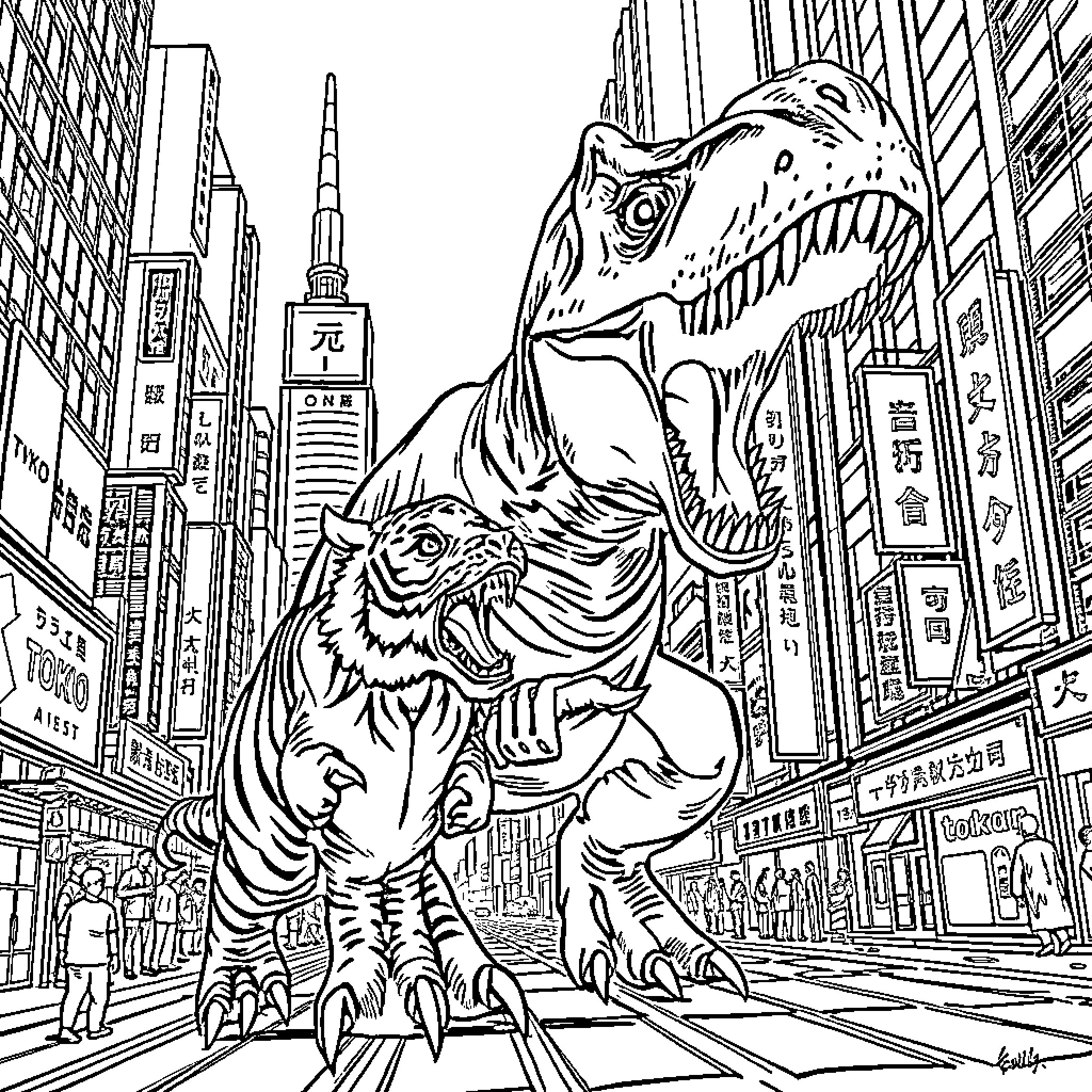 Tyrannosaurus Rex Stomping Through Bustling City Coloring Page (free black-and-white line drawing printable PDF for all, from beginners to advanced learners, including children, teens, adults, and seniors)